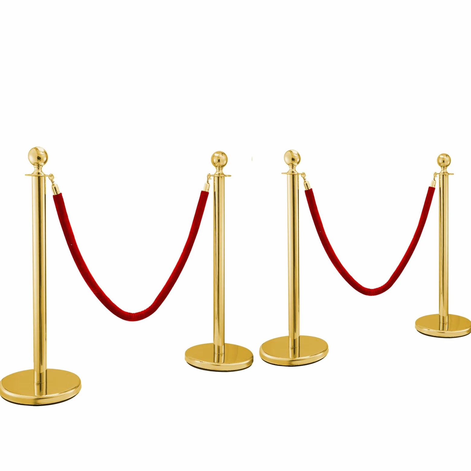 Transenne Eliminacode Paletti Delimitazione in Acciaio Inox 2 Corde di Velluto Rosso Confezione da 4 Paletti d'Oro