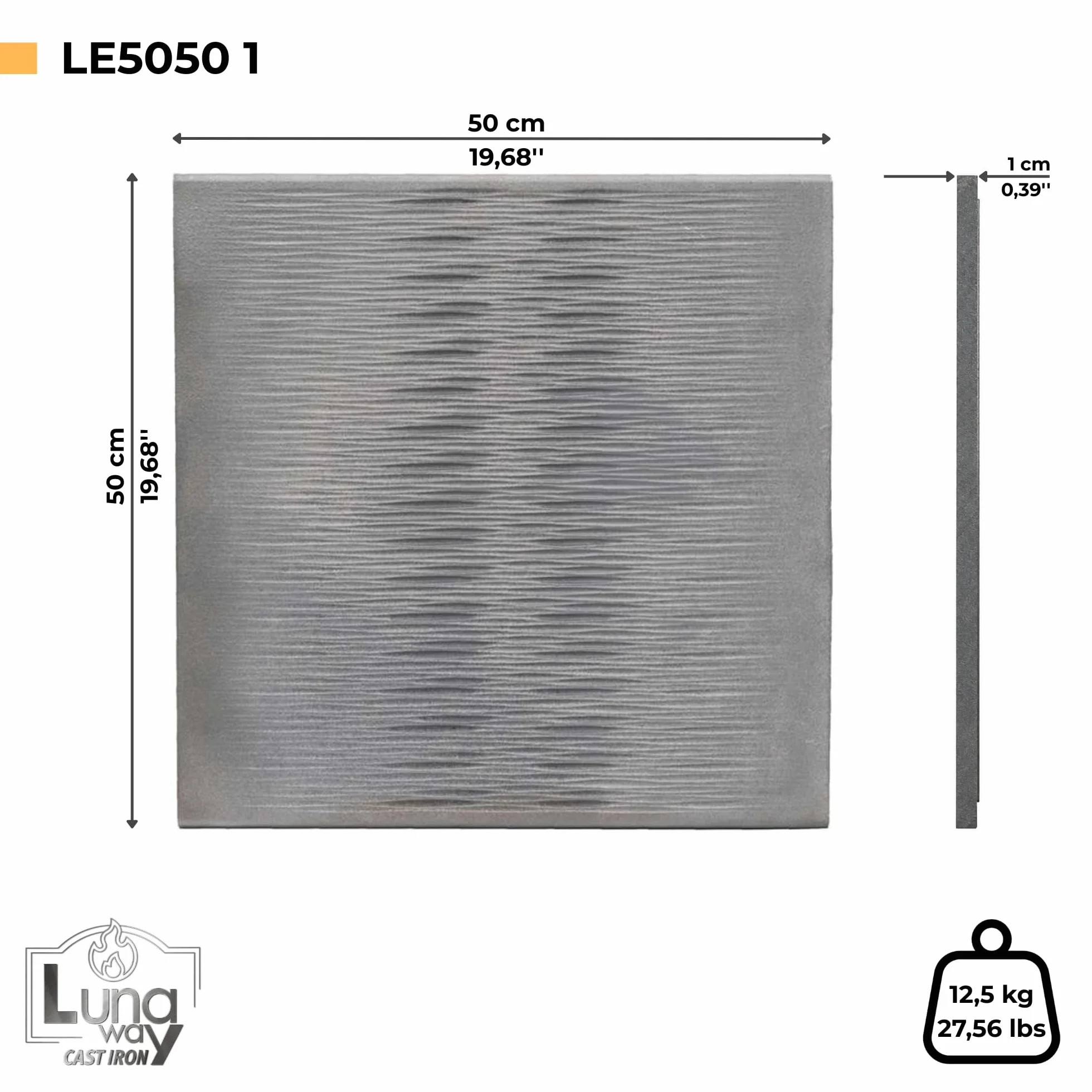 50 x 50 x 1 cm - Lastra per camino modello EDGE | Conserva e riflette il calore | Resistenza all'usura e corrosione | Installazione semplice | Piastra 100% Ghisa qualità LUNAWAY