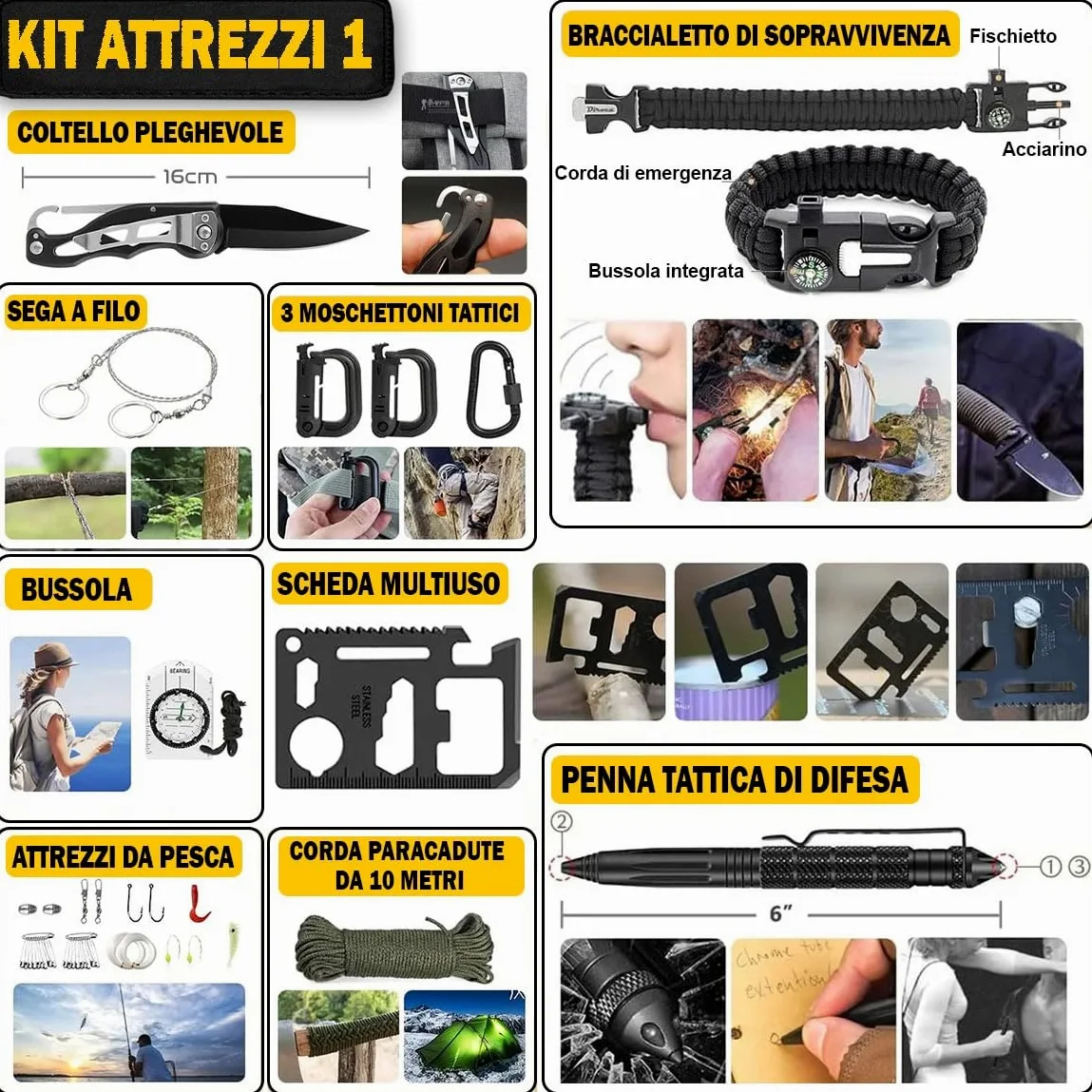 Kit di Sopravvivenza Avanzato – Kit di Emergenza con 20 Strumenti Multifunzione e Più di 60 Articoli di Primo Soccorso – Estremamente Completo – Pratico - Leggero