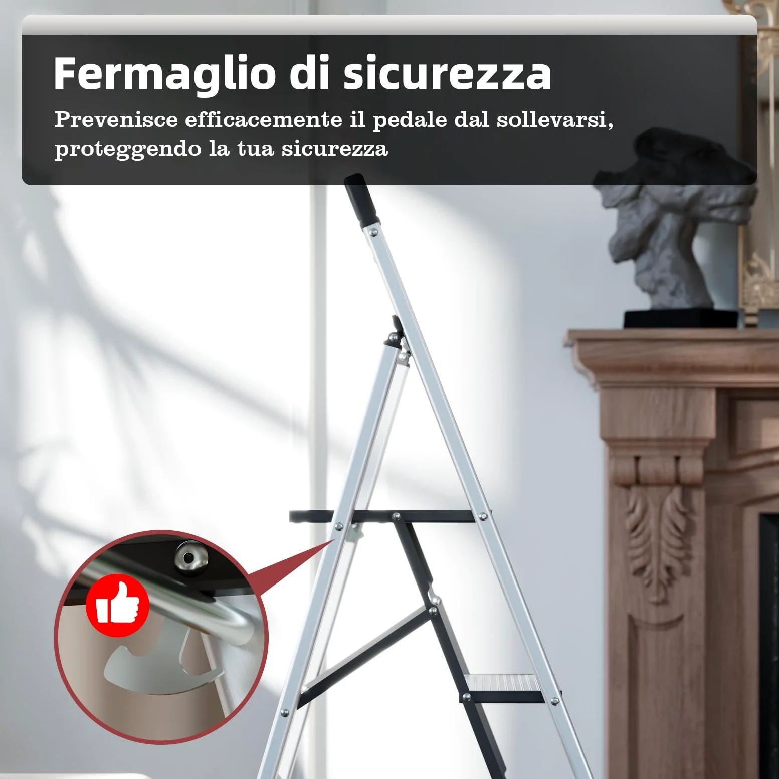 KINGRACK Scaletta 5 Gradini Pieghevole in Alluminio Leggera con Corrimano, Blocco di Sicurezza, Pedali Antiscivolo, Scala per Cucina Garage Casa, Salvaspazio Robusta e Portatile Massima 150kg, Argento