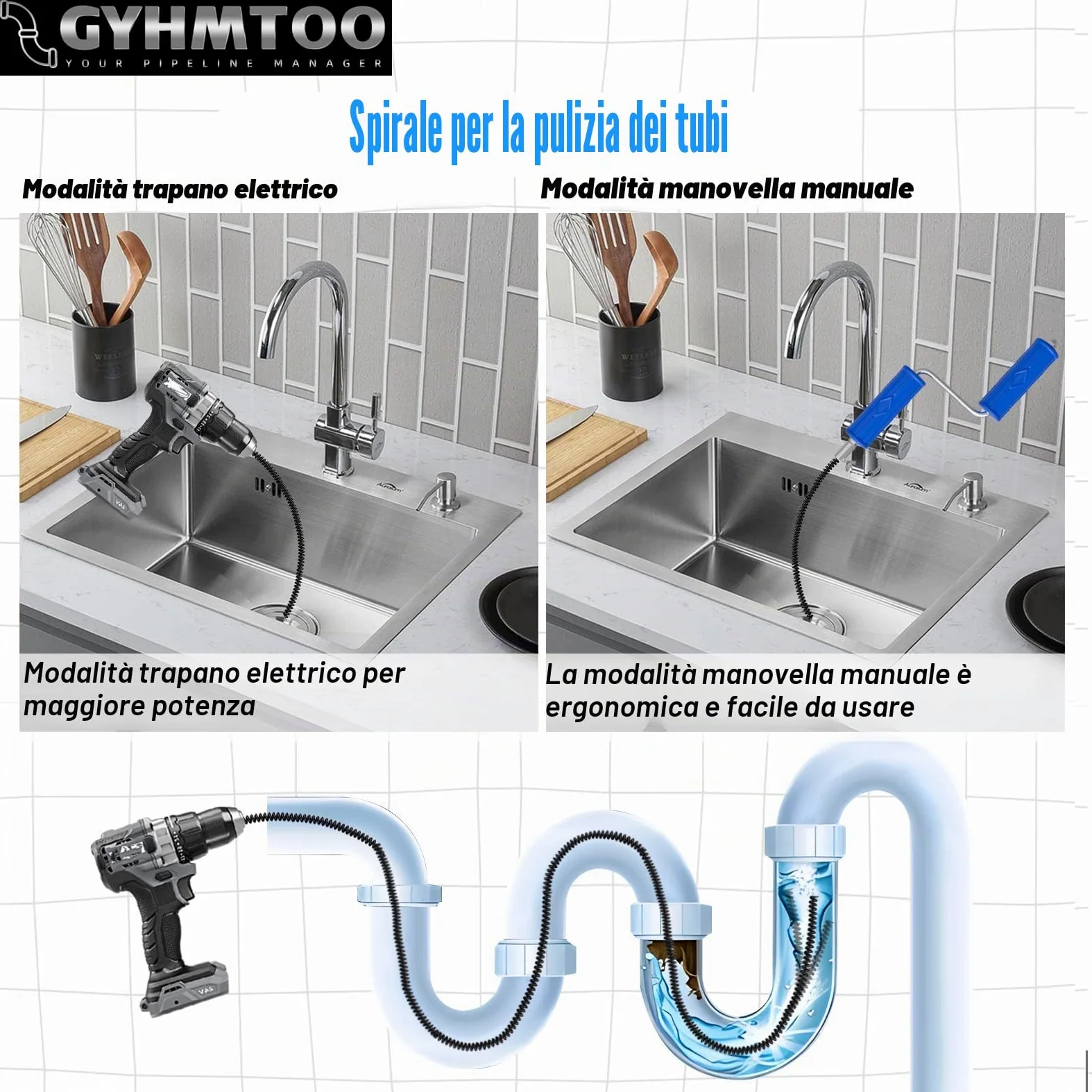 Spirale per la pulizia dei tubi Ø 8 mm x 10 m, con manovella, in acciaio a molla, spirale di scarico per la pulizia dei tubi, spazzola di scarico per ostruzioni difficili da rimuovere - Procedura di
