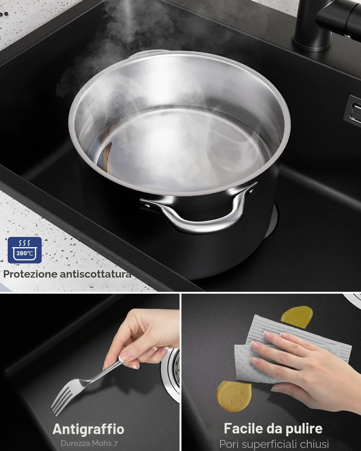 Lavello nero granito 60 x 45 cm, lavello nero, lavandino da cucina, grande lavello da cucina in granito, moderno lavello da incasso, rettangolare, singolo con 2 fori per rubinetto, 1 vasca