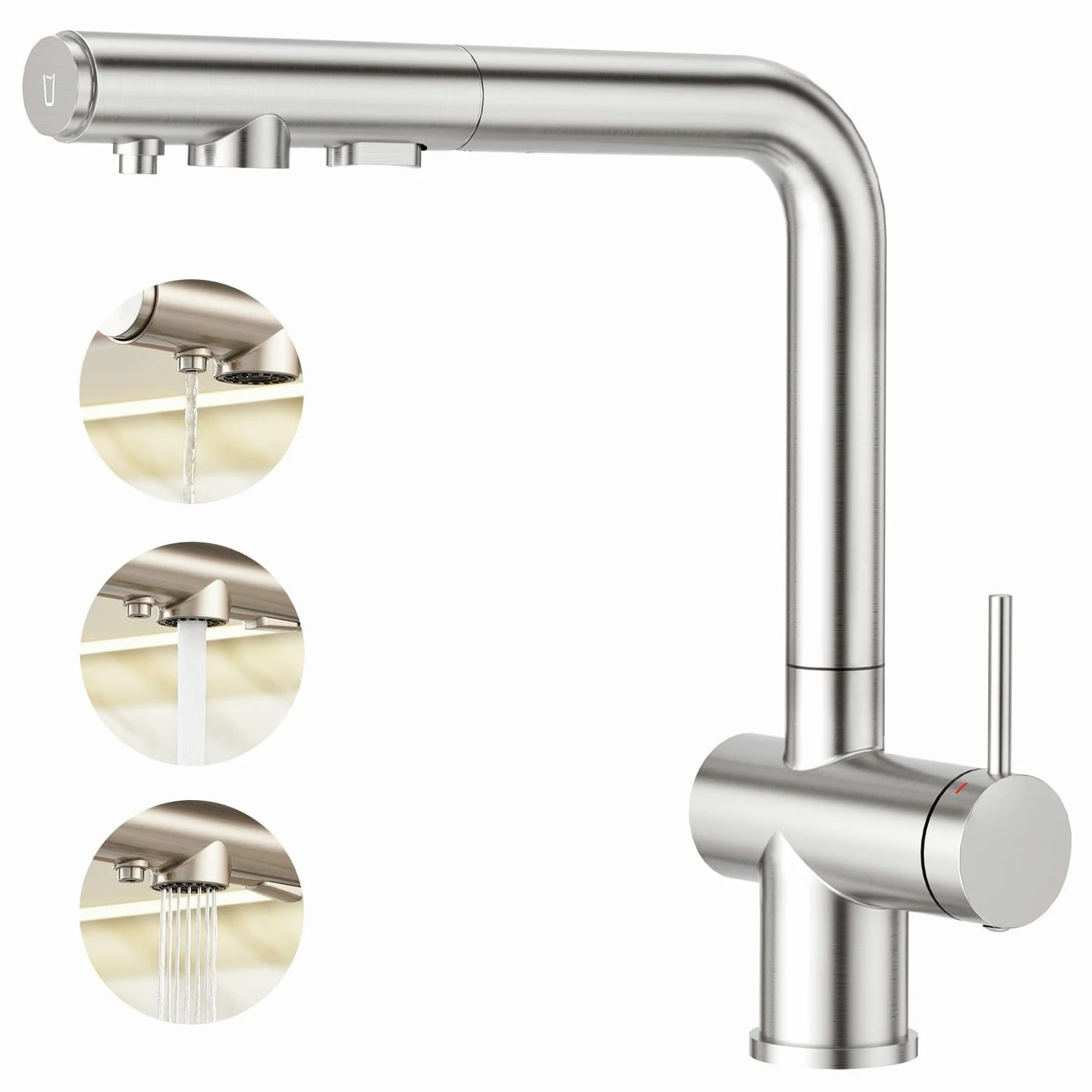 Faustina Rubinetto da cucina a 3 vie con doccetta estraibile, miscelatore monocomando, rubinetto per lavello, rubinetto da cucina per impianto di osmosi inversa e filtro dell'acqua in acciaio inox