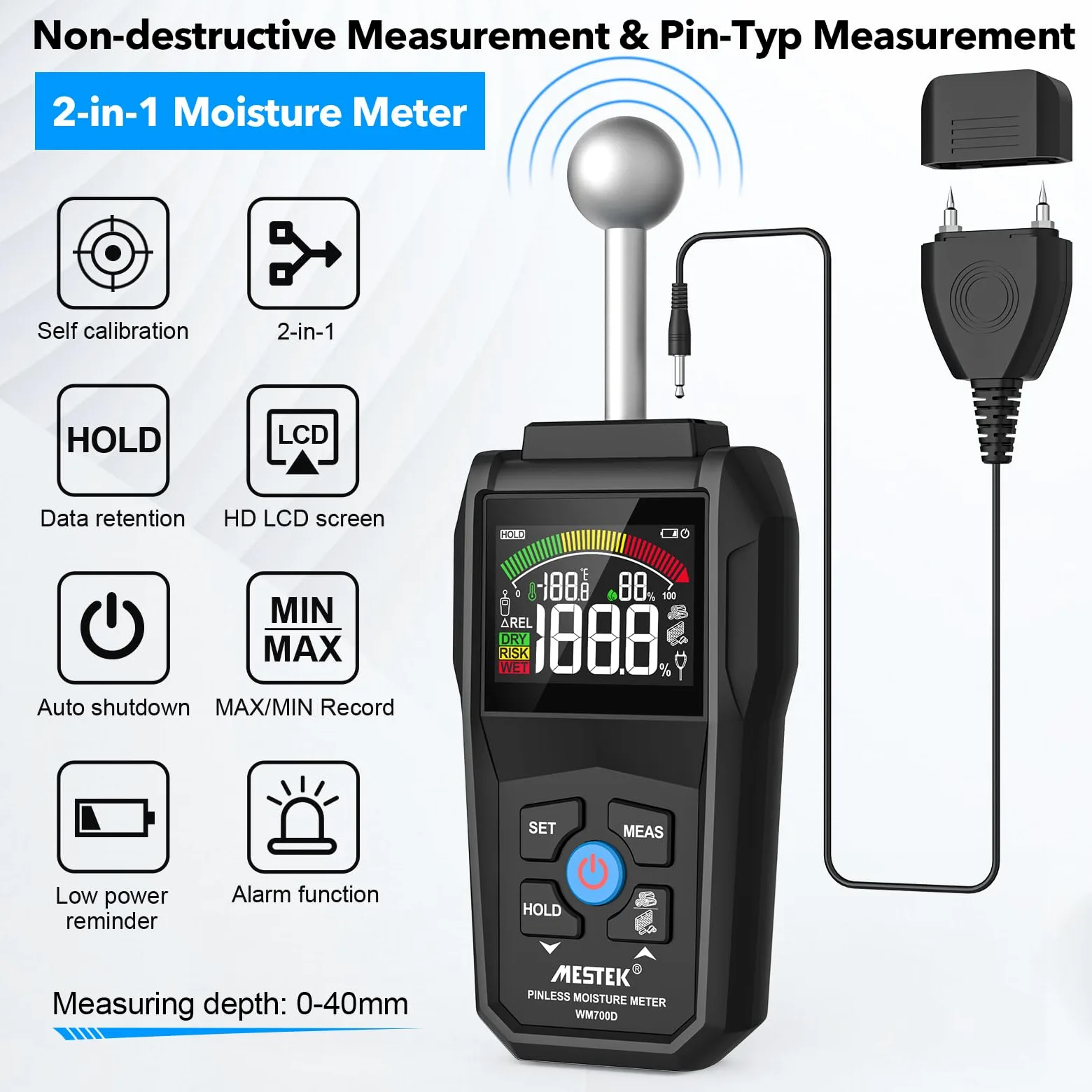 Misuratore di Umidità, MESTEK Igrometro,2 in 1 Misuratore Umidità Muri con LCD a Colori e Allarme Acustico, Profondità di Analisi 20-40 mm,per Legni, Parete, Pavimenti, Legno, Gesso