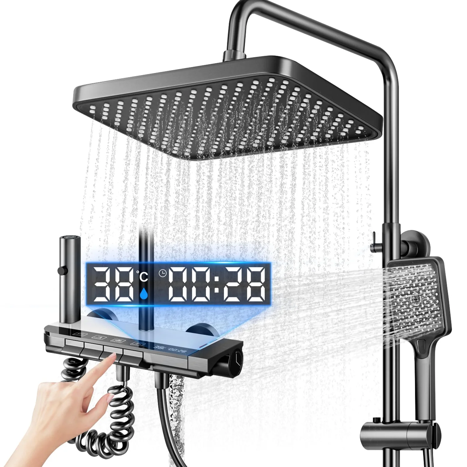 Sistema Doccia con Termostat con display digitale a LED, soffione doccia XL a pioggia, doccetta, getto ausiliario e rubinetto a cascata – Acciaio inossidabile – Colonna Doccia Regolabile