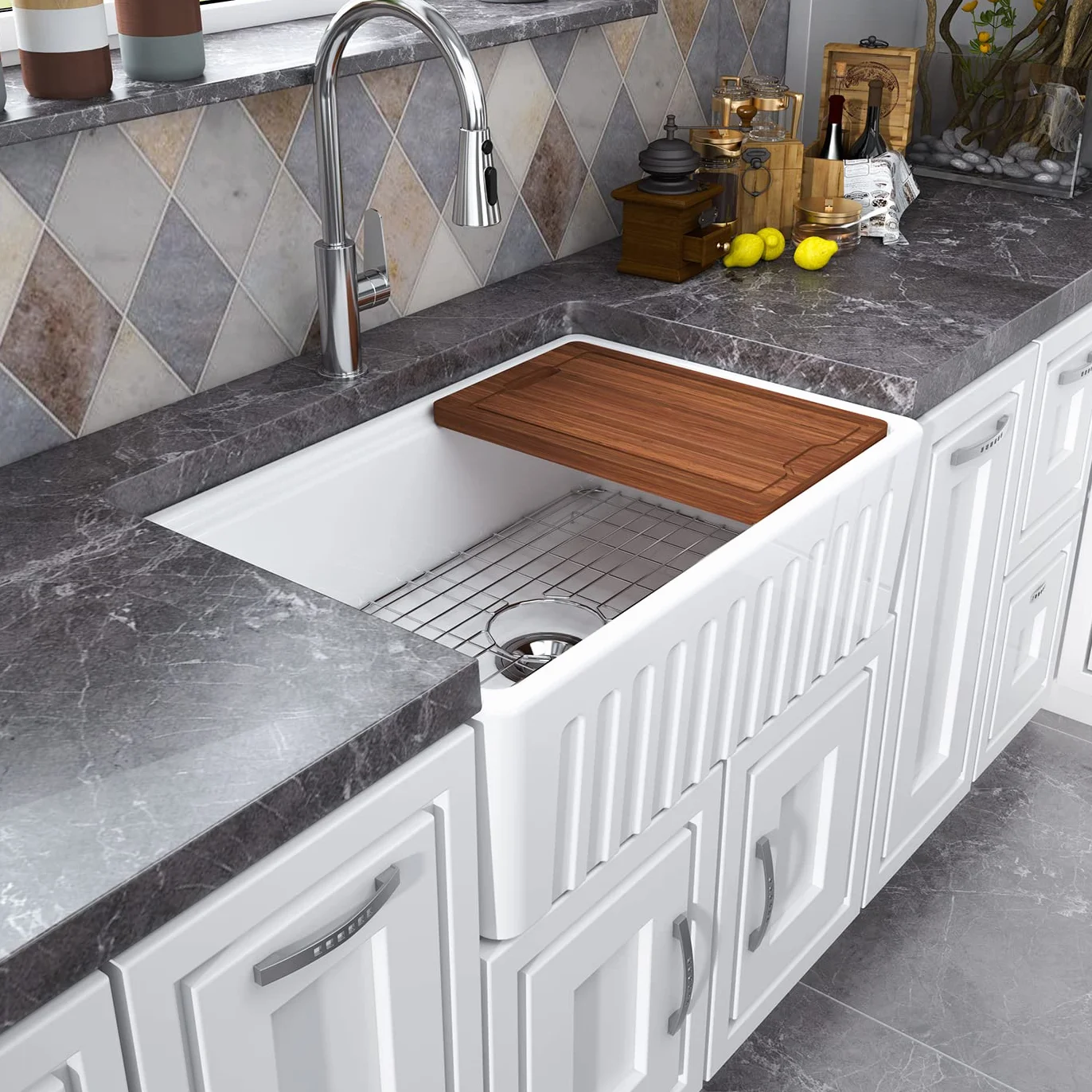 MEJE 76.2 x 50.8 CM Grembiule-front Rim Rim Workstation Farmhouse Lavello da cucina, ciotola singola in ceramica con tagliere, griglia e filtro - bianco