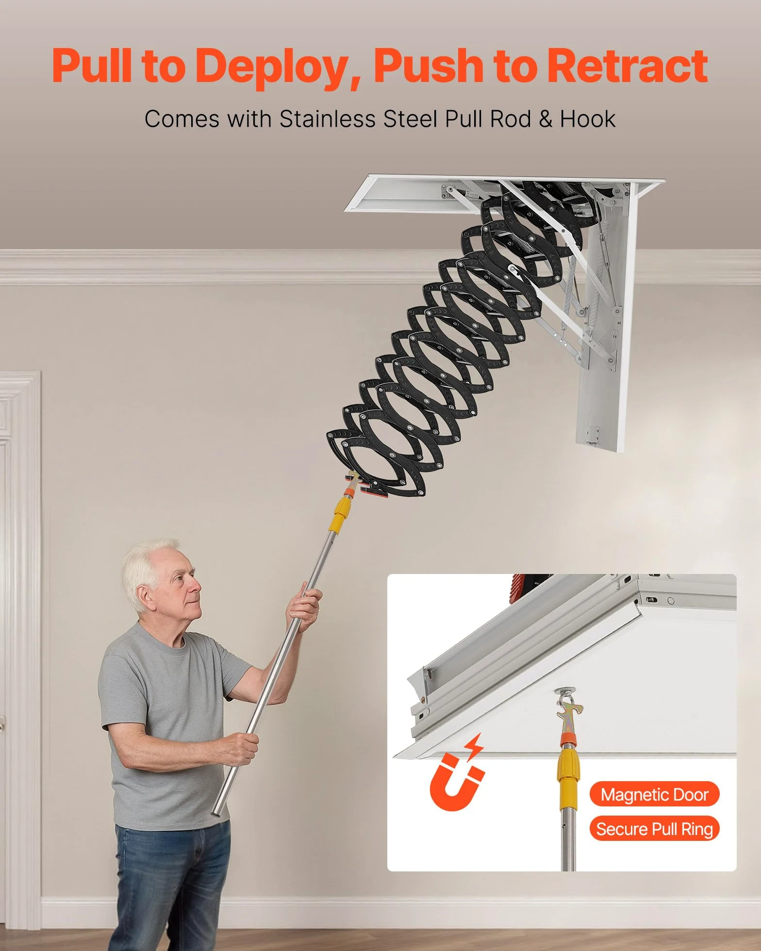 VEVOR Scala per Soffitta, Capacità di Carico 299,4 kg Scala Pieghevole in Lega di Acciaio, per Soffitti Alti da 2,6 a 2,85 m e Dimensioni di Apertura di 1000,76 x 698,5 mm con Asta di Trazione