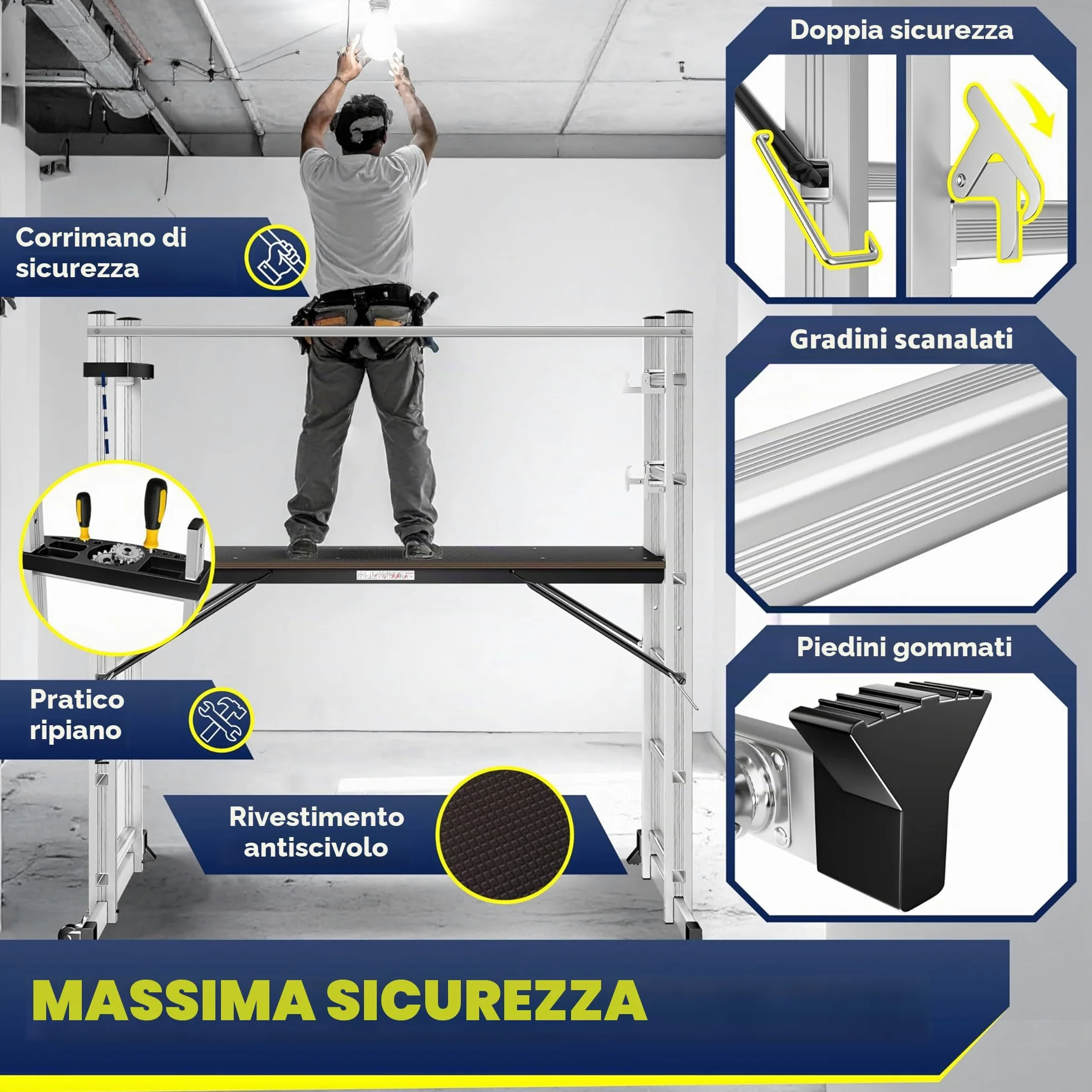 Masko® Ponteggi Telaio in alluminio Struttura Scala da ponteggio, Piattaforma lavoro | Caricabile fino a 150 KG | Rivestimento antiscivolo | | Testato GS (EN 131)