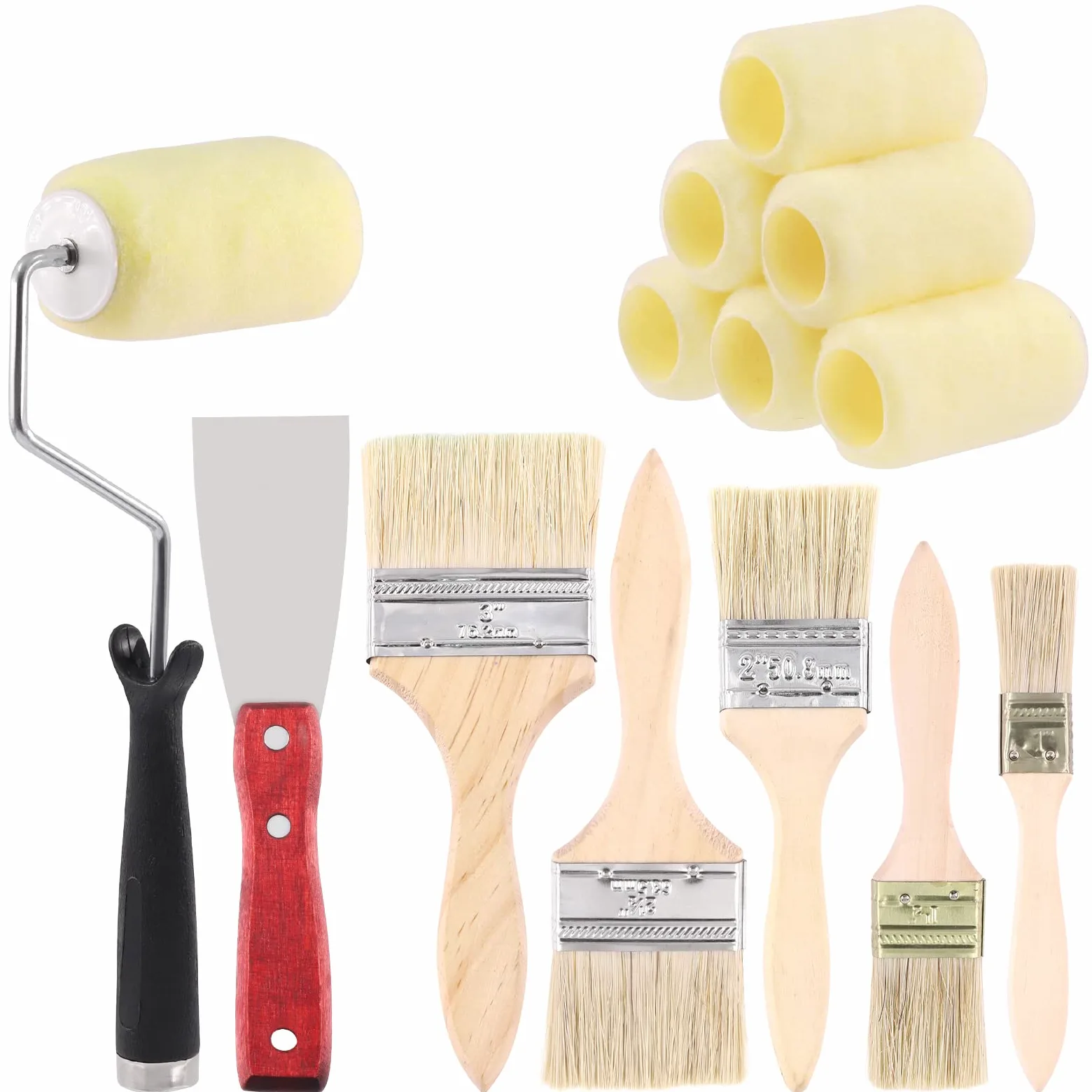Glarks Kit di copertura per rullo da 13 pezzi, con 6 coperture per rullo da 10 cm, con 1 telaio a rullo, 5 pennelli da 1/1,5/2/2,5/3 di pollice e 1 coltello da stucco da 2 pollici per pittura della