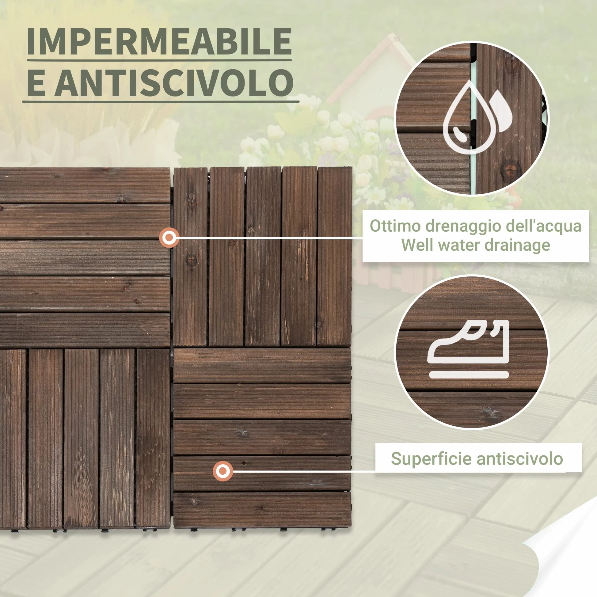 Outsunny Piastrelle per Esterni Pavimento da Giardino in Legno, Set da 27 Pezzi, 2.5m², Montaggio a Incastro, 30x30cm, Nero