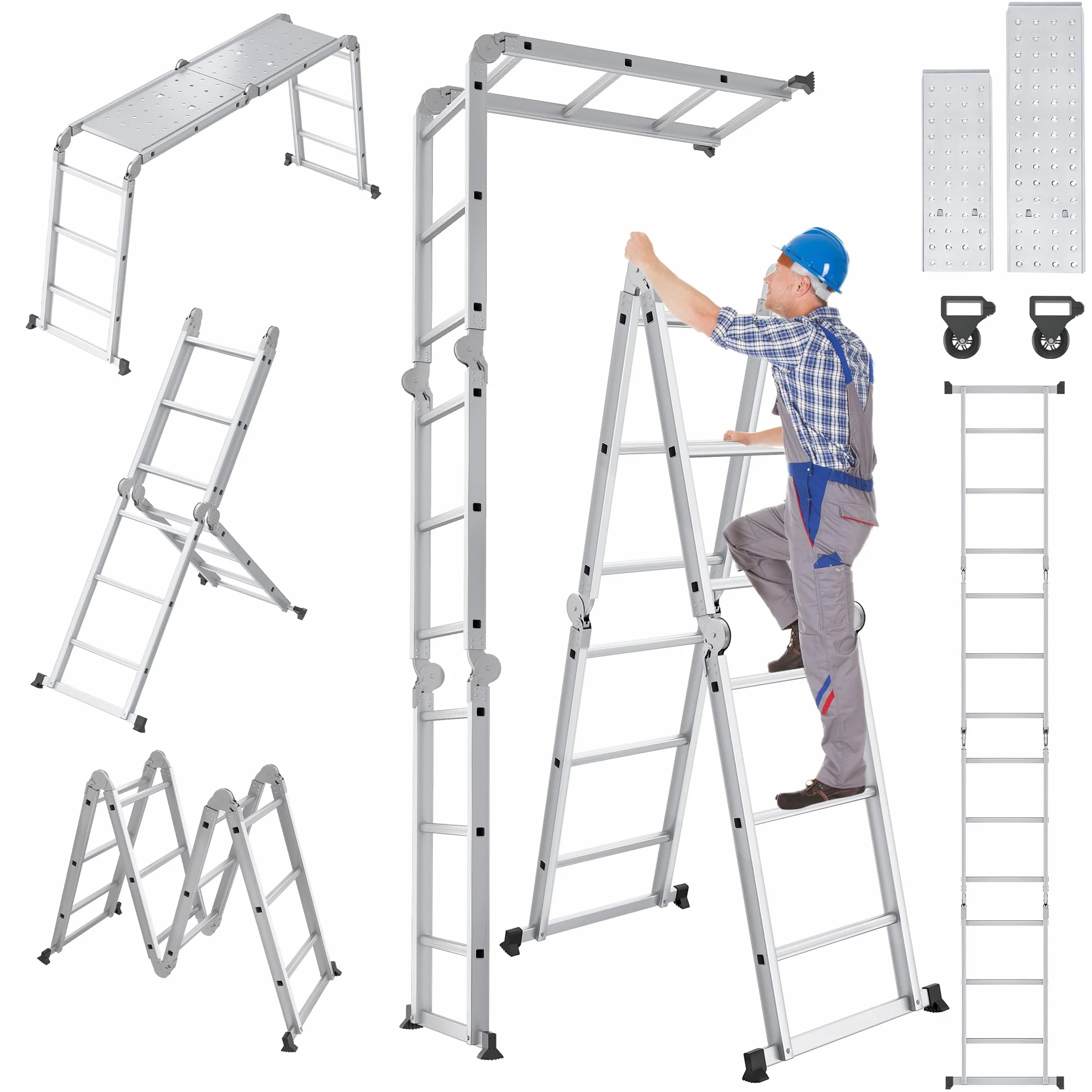 UISEBRT - Scala multiuso pieghevole 4 x 3 in alluminio con piattaforma, 6 in 1, 340 cm, fino a 150 kg, colore: argento
