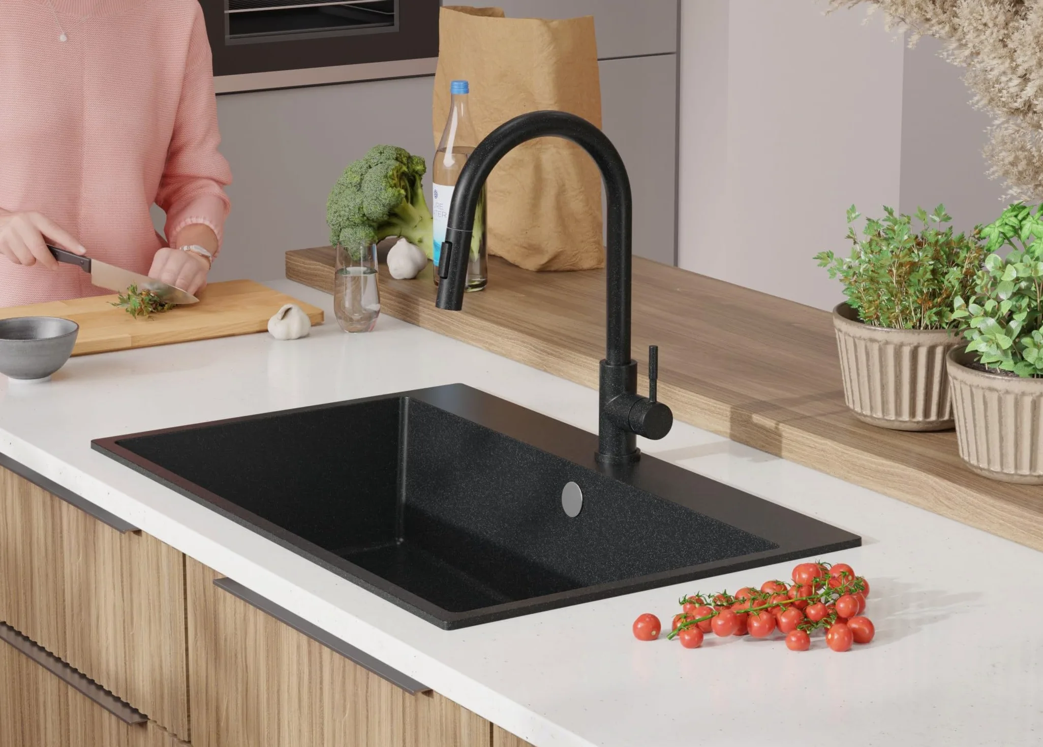 PRIMAGRAN Lavello da Cucina Grafite 78x50cm, Lavandino in Granito a 1 vasca + Sifone Classico, Lavabo da Cucina Incasso al Mobile 80cm - Riga S397