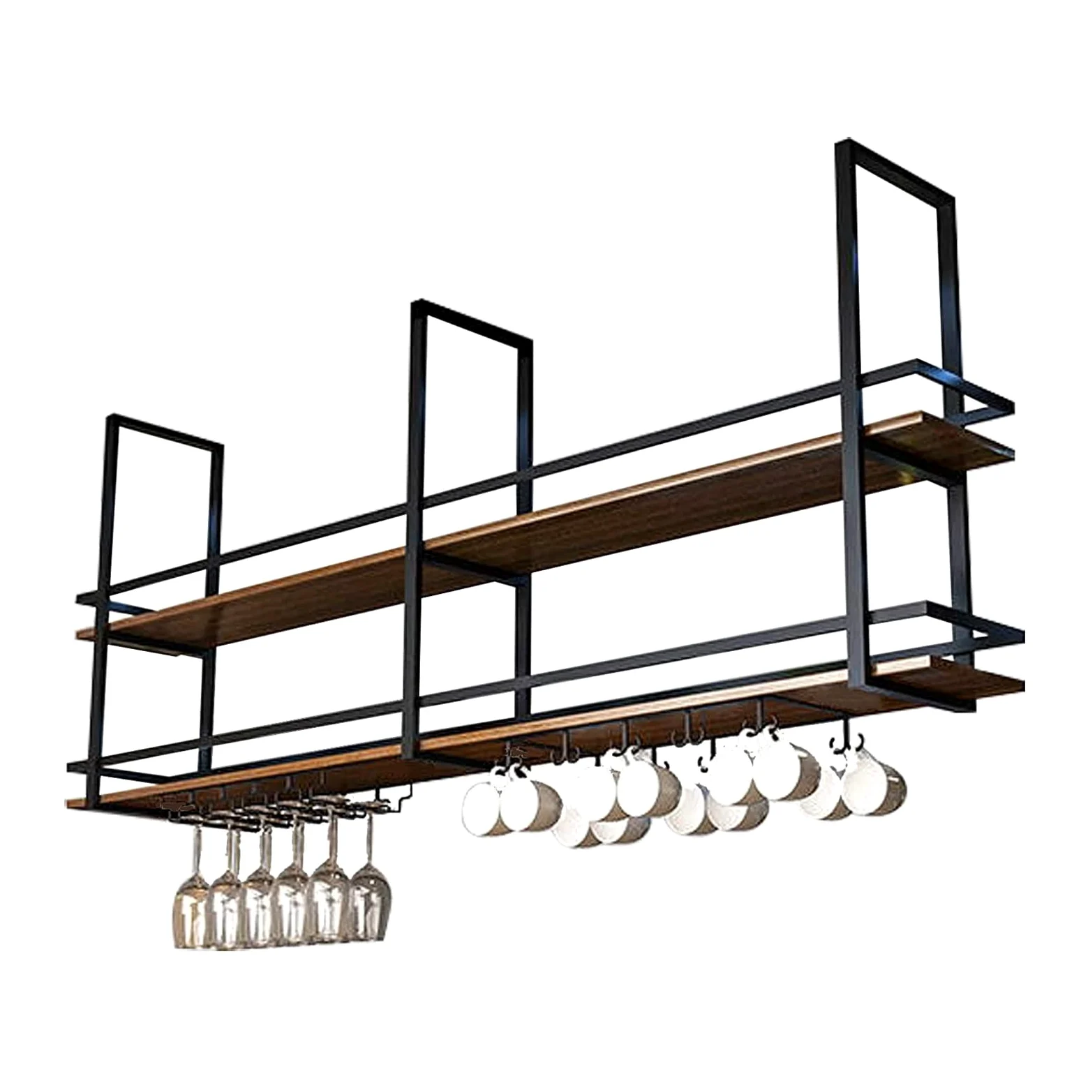 Mensole da Muro di Soffitto in Legno Massello - Porta Bottiglie di Vino A Appeso - Porta Piante Ferro Battut Montato A Parete - Scaffale per Vino con Ringhiera - Installazione Semplice