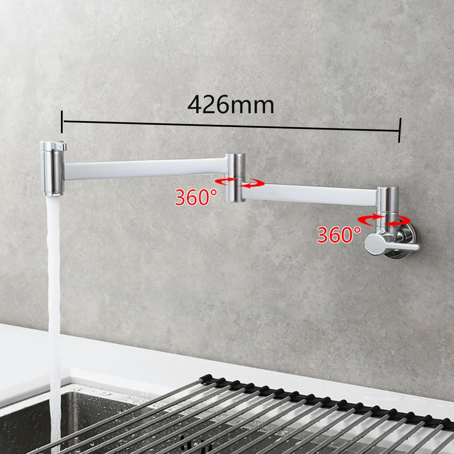 Rubinetto Cucina a Muro,Rubinetto di Riempimento Pentola Acqua Fredda con Braccio Girevole Pieghevole a Doppio Snodo,Cromato