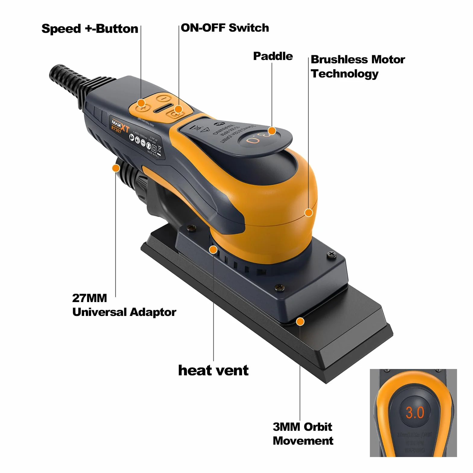 MAXXT Smerigliatrice elettrica senza spazzole 3.0 350W, velocità regolabile 4000-10000/Umin, freno automatico 2s, aspirazione automatica della polvere, superficie abrasiva 198x70mm, 10 fogli abrasivi
