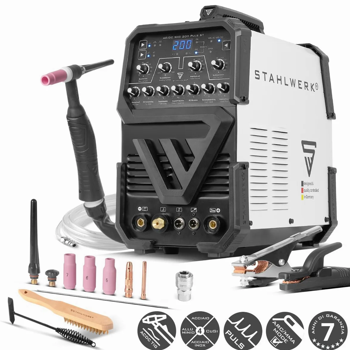 STAHLWERK Saldatrice AC/DC TIG 200 Puls ST – Inverter IGBT con modalità AC, MMA (elettrodo) fino a 200 A, innesco HF, funzione Pulse, 2T & 4T, Hotstart, per alluminio & lamiere sottili