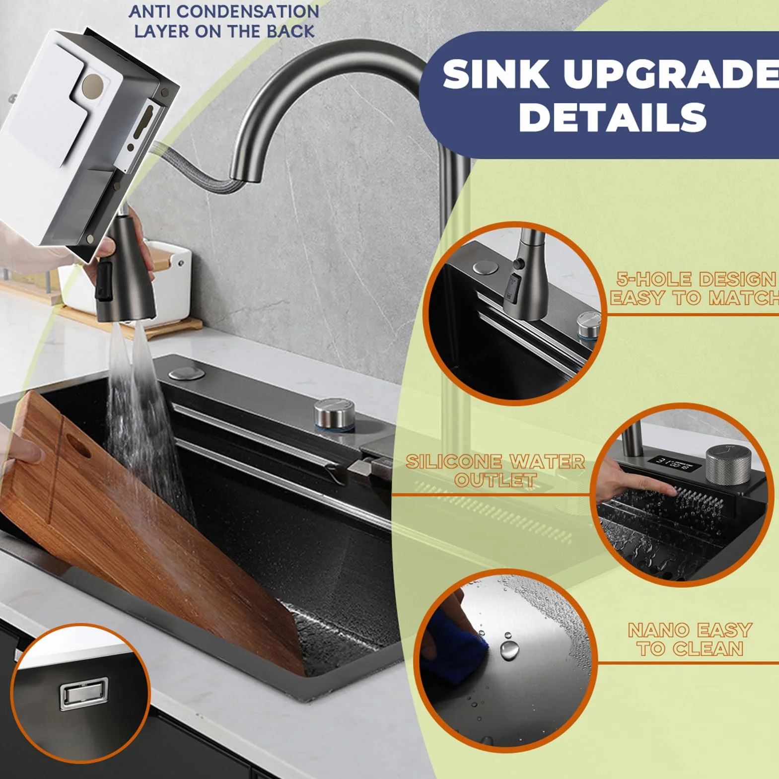 80x50cm Lavello da cascata nero, multifunzionale Lavello Cucina 1 Vasca in Acciaio Inox, con Rubinetto Estraibile, sifone e Set di Drenaggio, e vari accessor, lavello domestico set