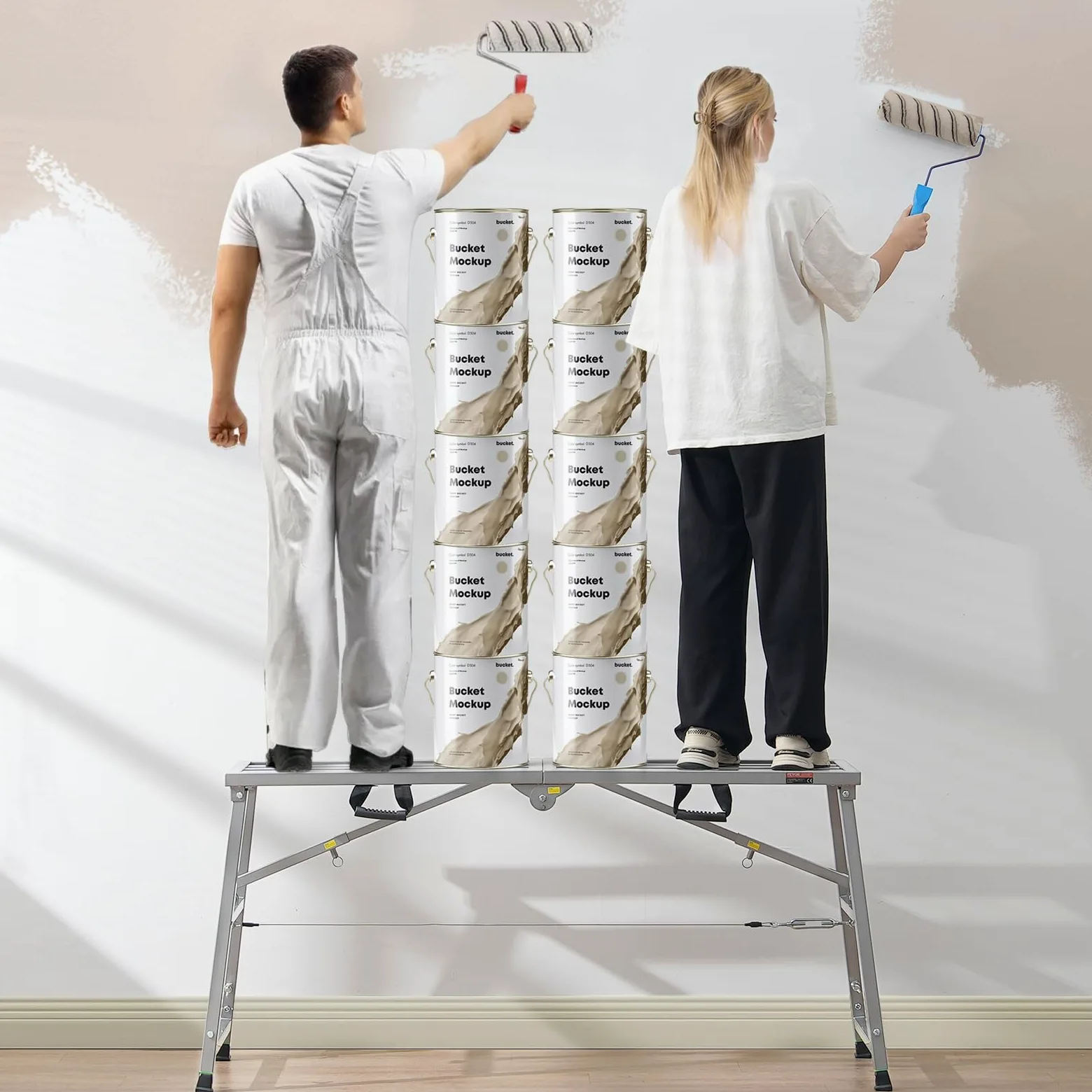 VEVOR Piattaforma di Lavoro, Altezza Regolabile a 4 Marce 1150 mm, Scala Pieghevole in Lega di Acciaio, Piattaforma per Ponteggi Capacità 360 kg, Piedini in Gomma Antiscivolo, per Pulizia Lavaggio