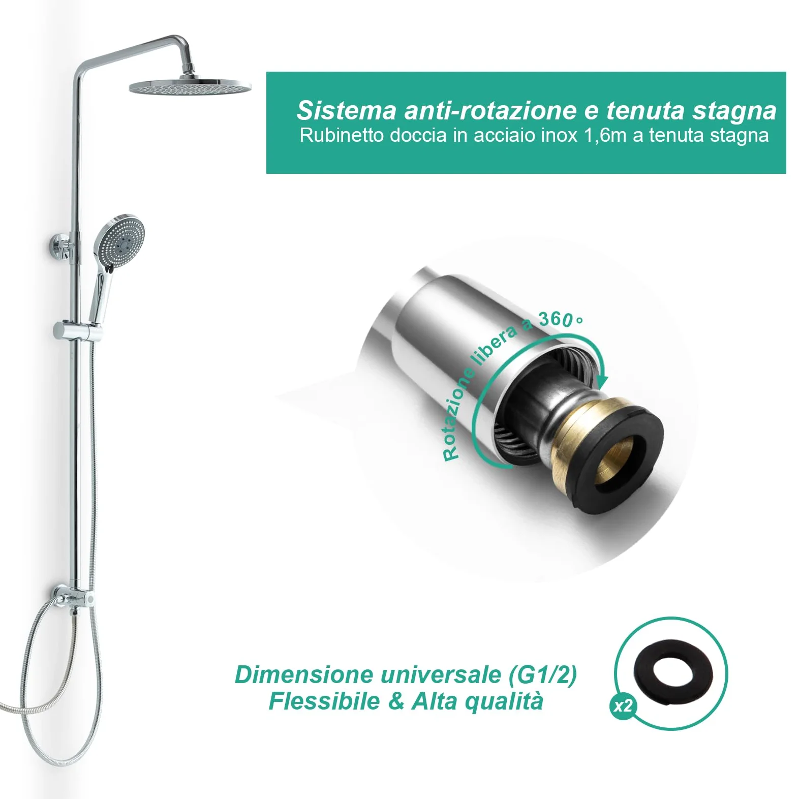 OFFO Colonna Doccia Senza Miscelatore, Asta Doccia Saliscendi con Soffione Rotonda 25x25cm e Doccetta 3 Getti, Asta Doccia Regolabile in Altezza 86-120cm, Tubo Acciaio Inox Antitorsione 1.6m, Cromo