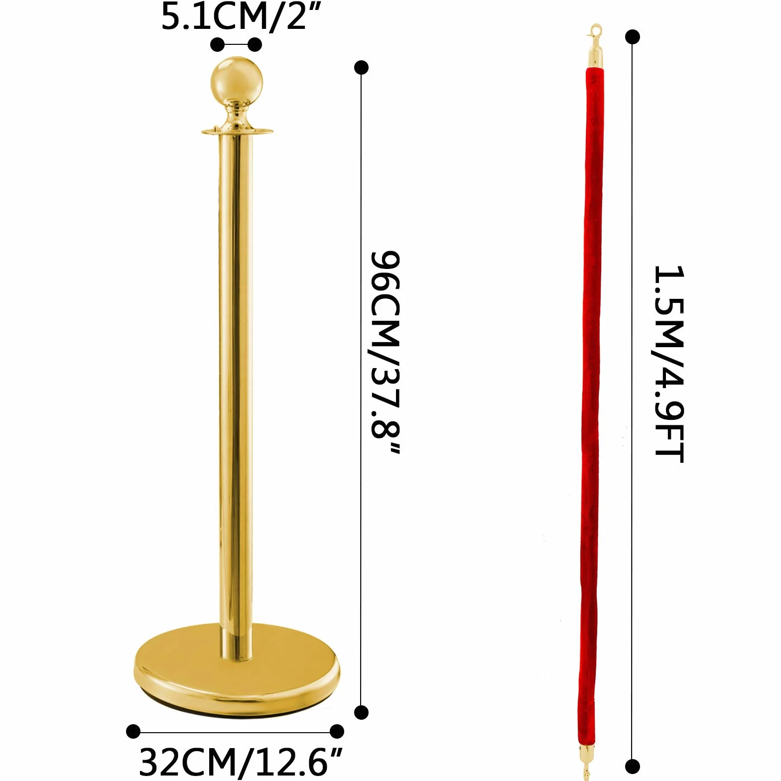 Transenne Eliminacode Paletti Delimitazione in Acciaio Inox 2 Corde di Velluto Rosso Confezione da 4 Paletti d'Oro