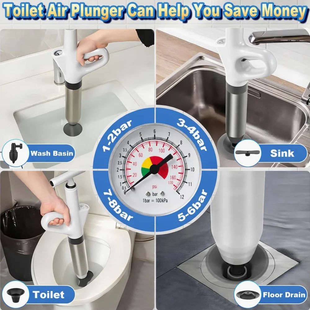 Stura WC ad alta pressione, Pompa stura scarichi con manometro visibile, Sturalavandini a pressione con sonda in tempo reale, Stantuffo robusto per intasamenti di WC, lavandini e tubature(Bianco)