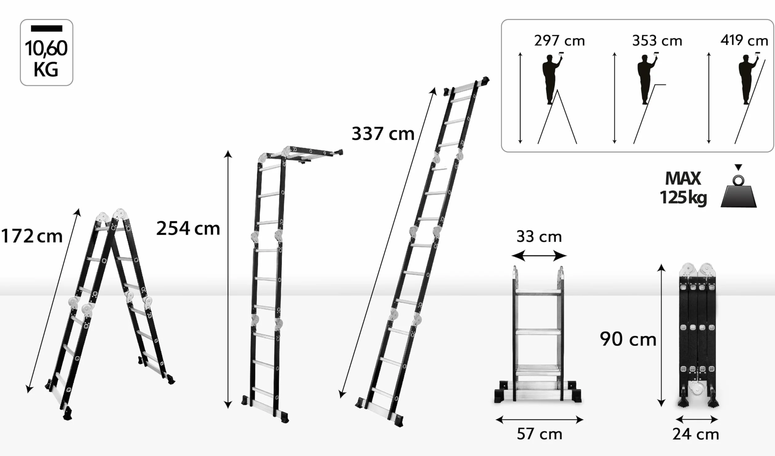 DRABEST Scala Pieghevole Universale Multifunzionale Articolata 4x3 Gradini – Costruzione Solida – Alluminio + Acciaio – Carico Massimo 125kg – 0,32x0,98x0,25m