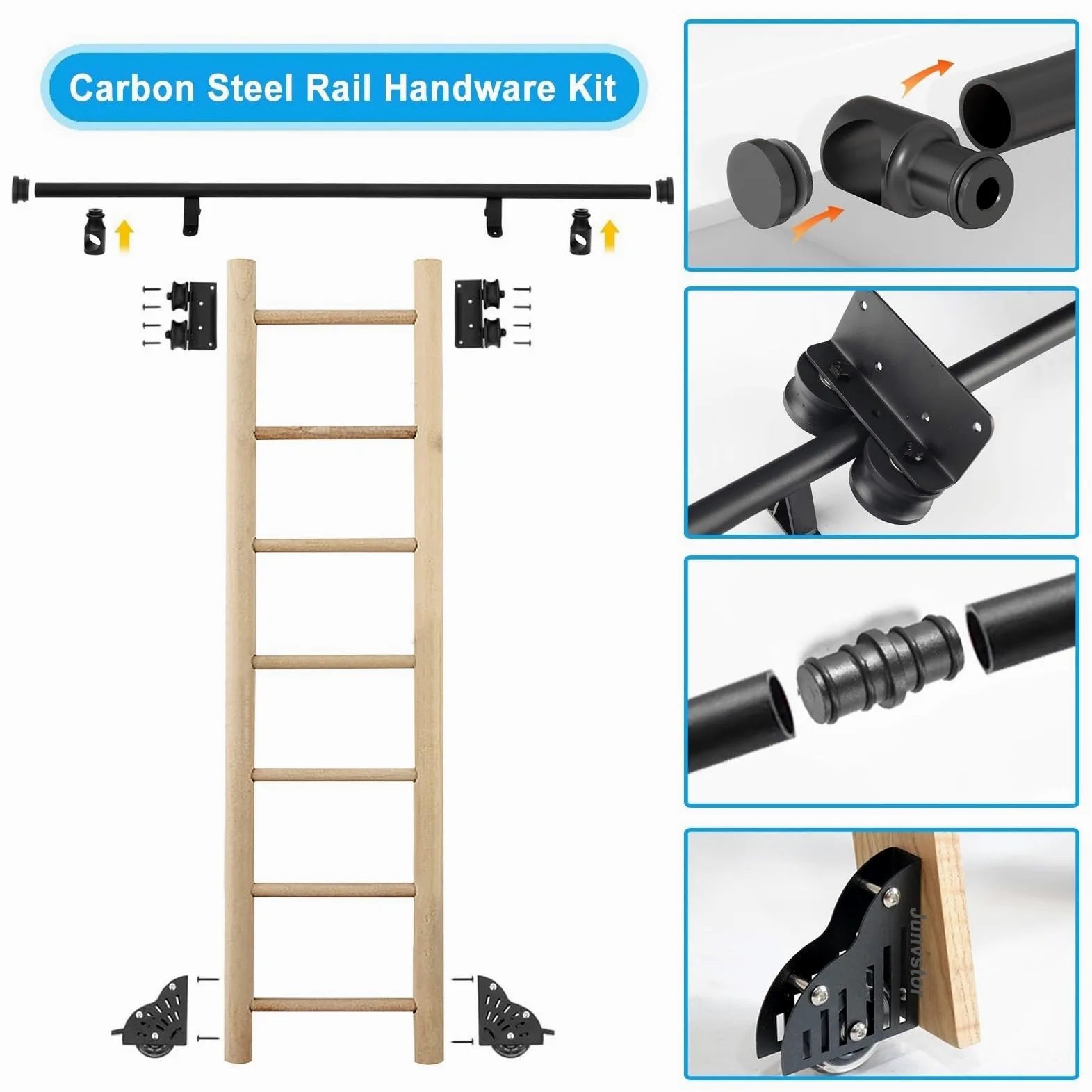 Scala in legno con rotelle, ferramenta scorrevole per biblioteca, binario per scale, rulli per pavimenti con freno, nero (senza scala), sistema di binari per scale mobili ufficio biblioteca soppalco(2