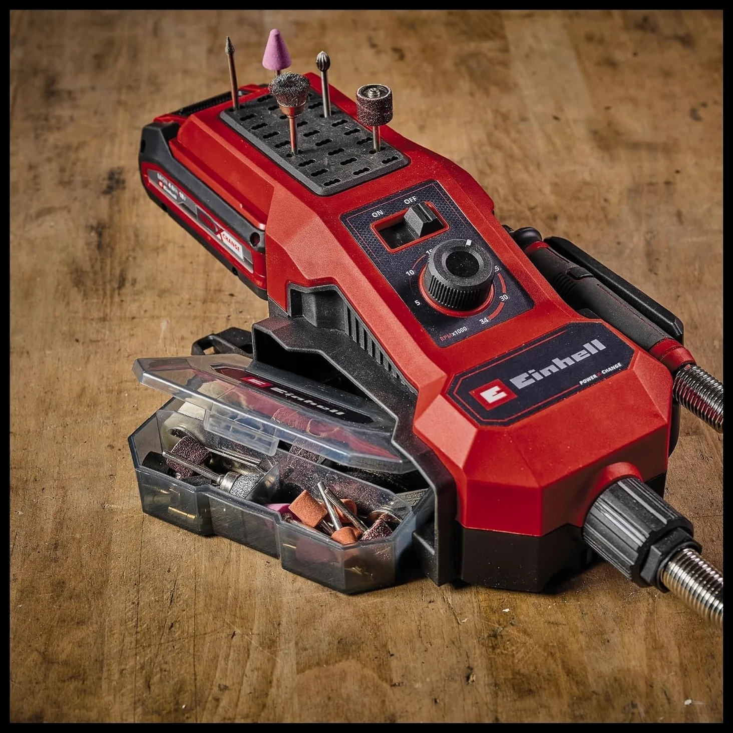 Apparecchio di rettifica/incisione a batteria Einhell TE-MT 18/34 Li Solo Power X-Change (18 V, albero 92 cm con perno per incisione, regolazione giri, incl.set accessori di 55 pz., senza batteria)