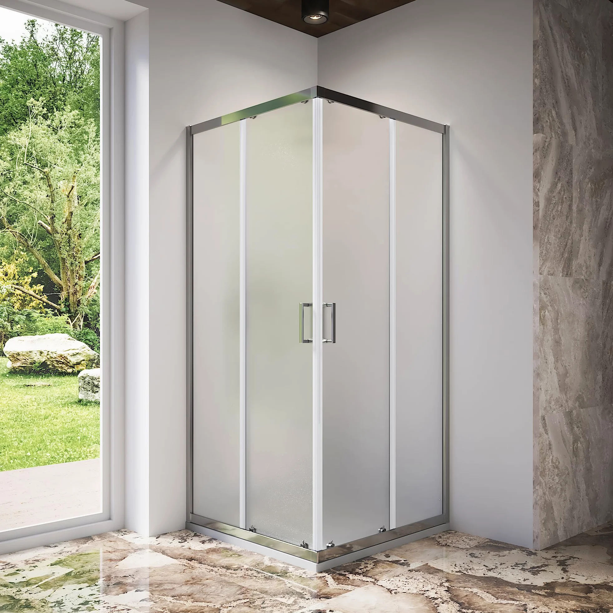 Box Doccia Angolare Due Ante Scorrevoli Cristallo Temperato 6mm Profili Squadrati Cromati Altezza 185 cm - Tonga (Vetro Opaco, 75x75)