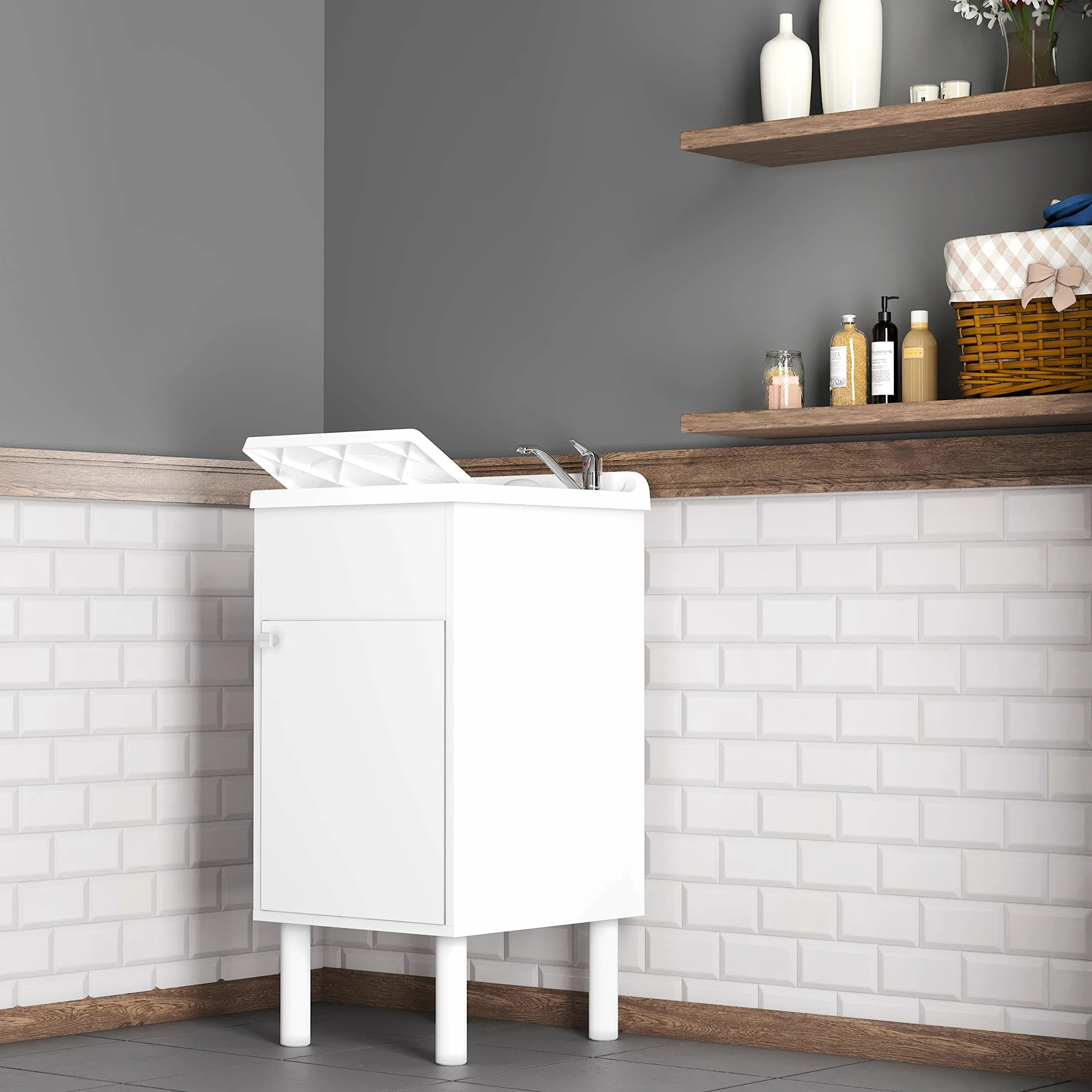 Negrari 9056KAM Lavatoio Lavapanni in Resina, all'umidità, Vasca Resistente agli acidi, Kit di Scarico Incluso, Interno e Esterno, L45 x P50 x H85 cm, Bianco, Media