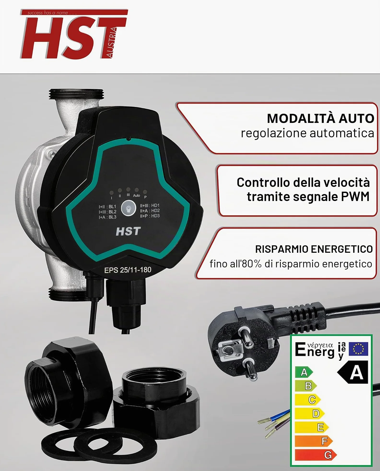 HST | Pompa di riscaldamento ad alta efficienza | Pompa di circolazione | HST EPS 25-11/180 mm | Altezza di mandata 11 m | regolazione della velocità tramite segnale PWM