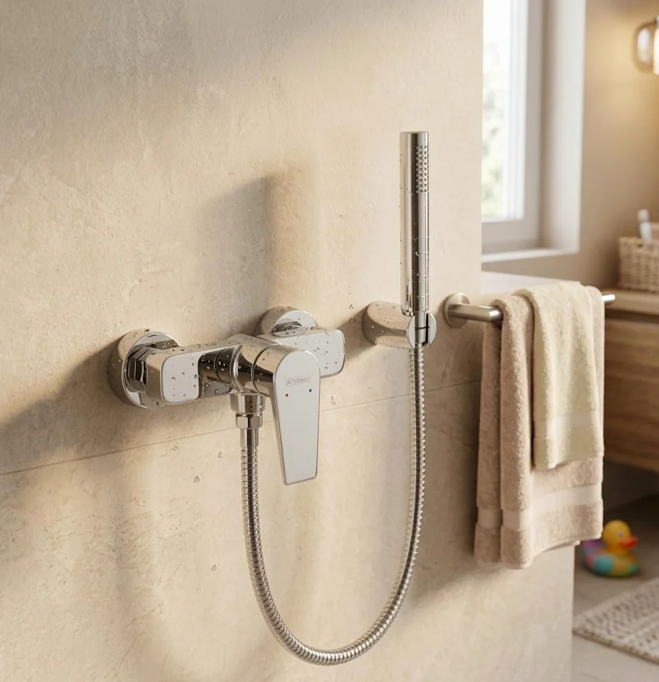 Krobec Rubinetto da doccia a parete, miscelatore monocomando per doccia, montaggio a parete, miscelatore per doccia, batteria per doccia con una sola mano, ottone, inserto valvola in ceramica (cromato