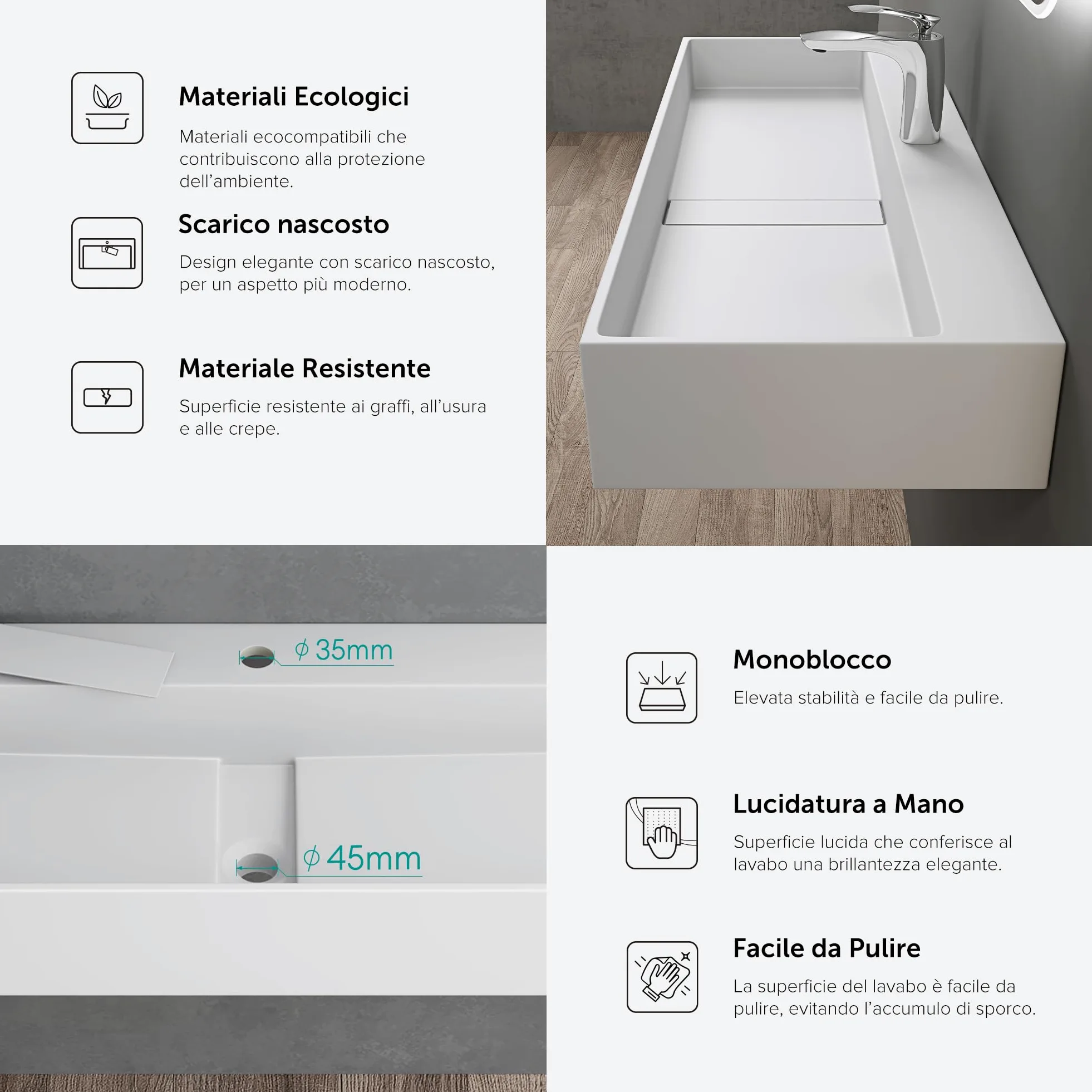 doporro Lavabo Bagno Sospeso Rettangolare Lavabo da Appoggio con Foro Rubinetto 80 x 40 x 14 cm Bianco Opaco Lavandino in Resina Minerale Ideale per Casa Ristorante e Hotel Design Colossum6028