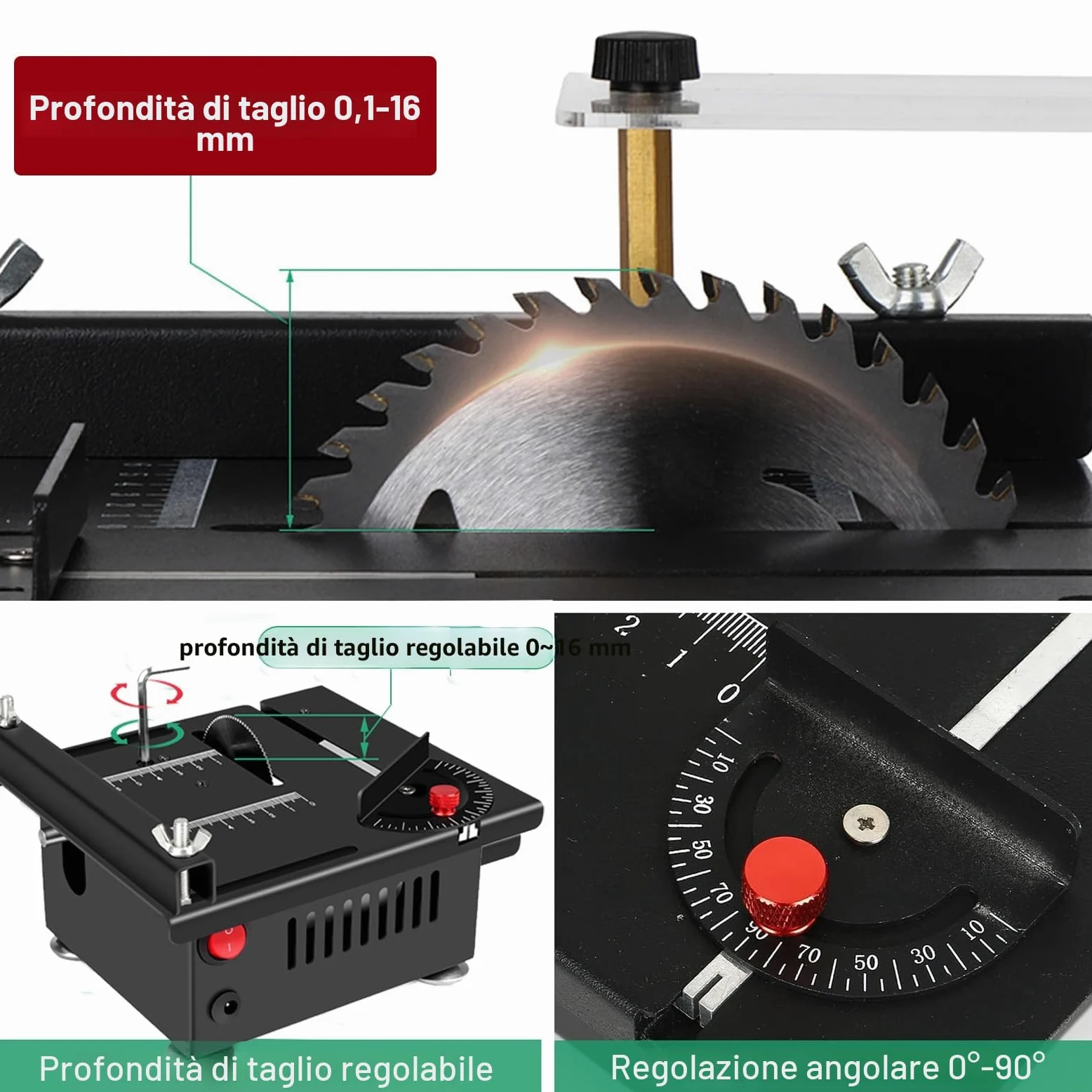 Mini Sega da Tavolo 100W - Multifunzionale e Portatile Sega da Tavolo Miniaturizzata DIY, 0~16mm Altezza di Taglio Regolabile, 7-Velocità regolabile, 4 lame, per Artigianato e Lavorazione