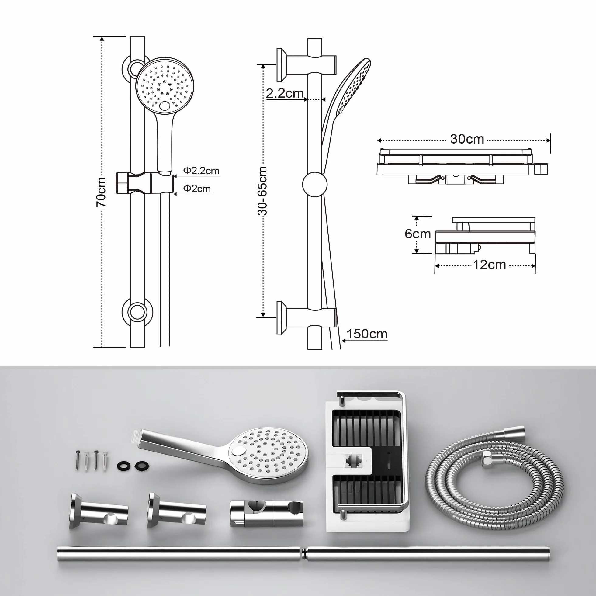 Görbach Colonna doccia Cromata 70 cm in Acciaio Inox a Parete con Mensola Doccia Asta doccia con Staffe di Fissaggio Regolabili, senza Rubinetto,con Doccetta a 3 funzione (HBD12CP + Mensola)