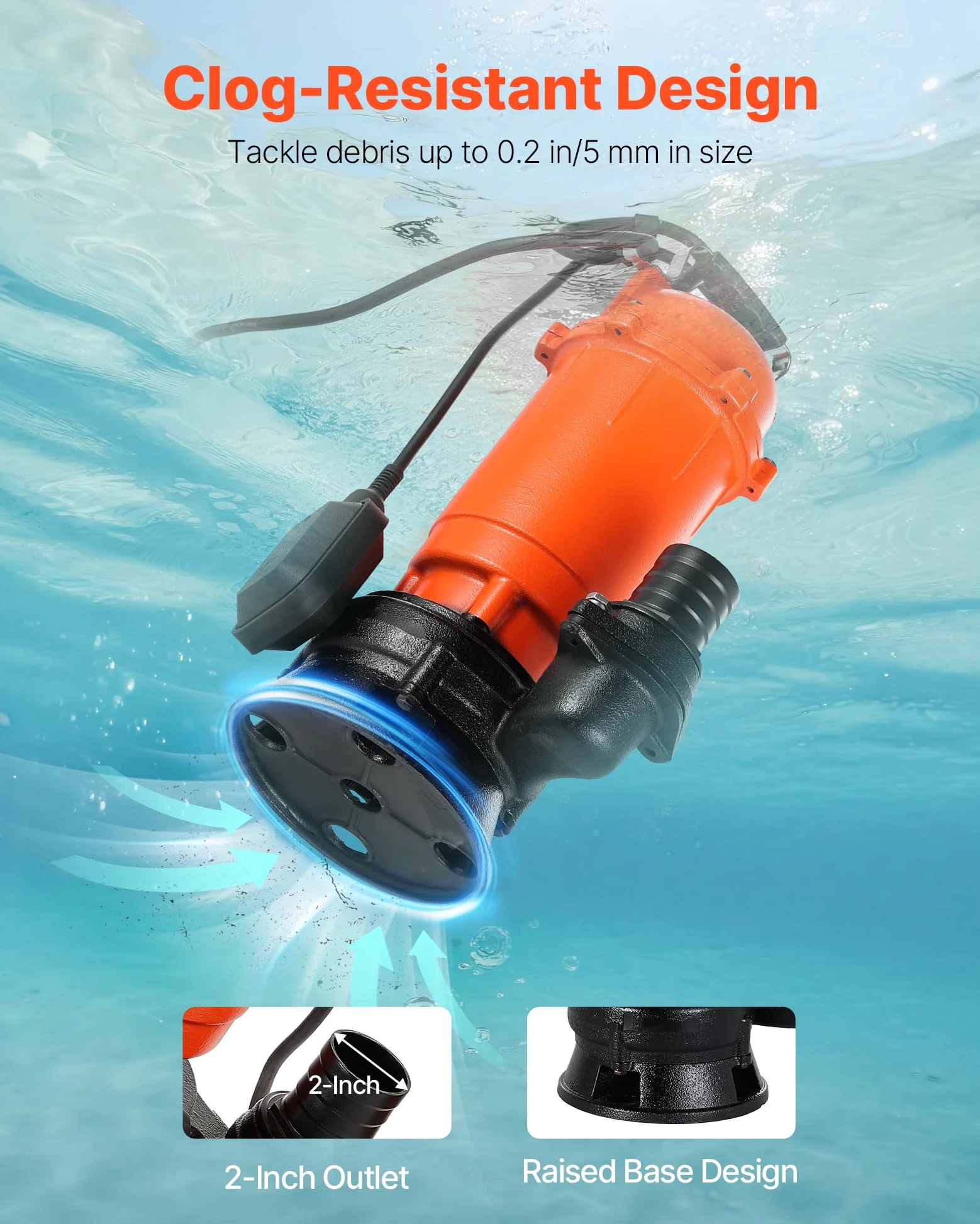 VEVOR Pompa Sommergibile per Acqua Sporca da 1500 W, 22800 L/H, in Ghisa con Interruttore a Galleggiante Automatico, Sollevamento Massimo 18 m, Scarico di Acqua Pulita, per Piscine, Giardino