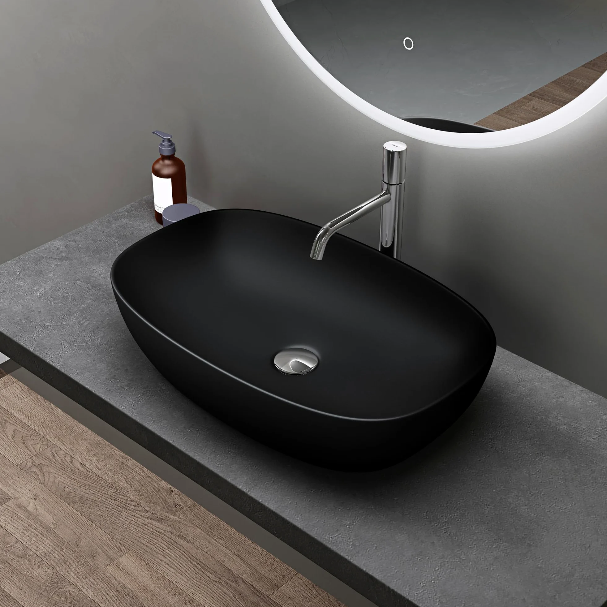 doporro Lavabo da Appoggio 60x39,5x14cm, Lavandino Bagno Brüssel104 in Ceramica con Nano Rivestimenti inclusi, Nero opaco