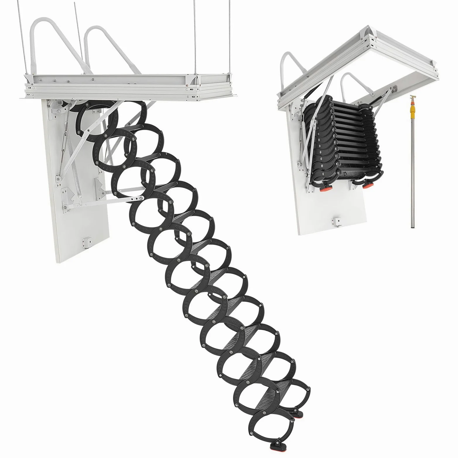 VEVOR Scala per Soffitta, Capacità di Carico 299,4 kg Scala Pieghevole in Lega di Acciaio, per Soffitti Alti da 2,6 a 2,85 m e Dimensioni di Apertura di 1000,76 x 698,5 mm con Asta di Trazione