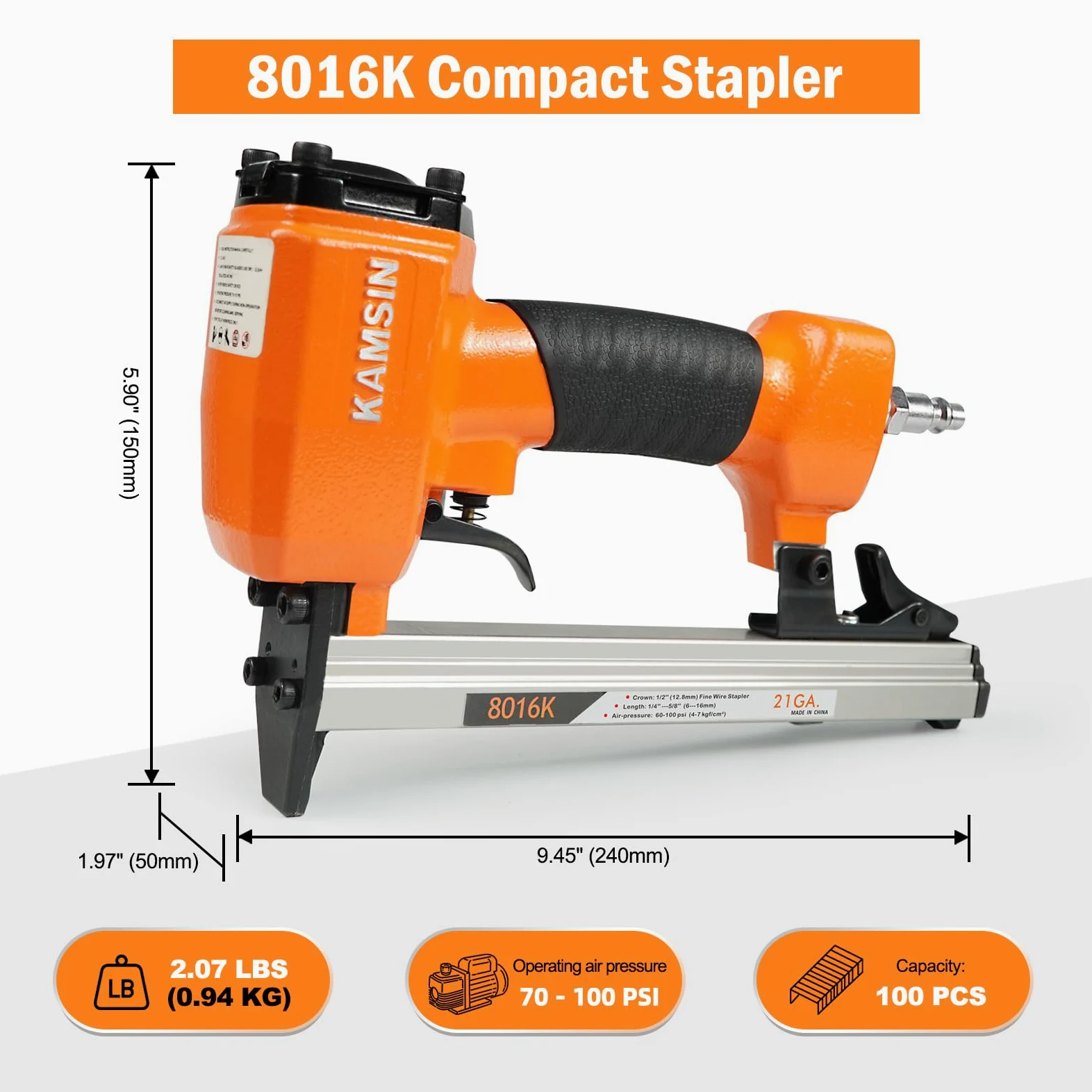 Kamsin 8016K - Pinzatrice pneumatica per tappezzeria, calibro 21, per graffette serie 80, corona 1/2" e gambe 1/4"-5/8", mobili, armadi, legno