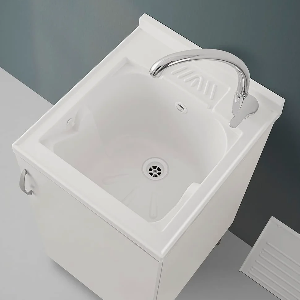 Mobile lavatoio lavanderia in legno con vasca in resina resistente agli acidi, completo di asse di lavaggio e kit sifone + piletta (Bianco, 45x50 cm 1 anta)