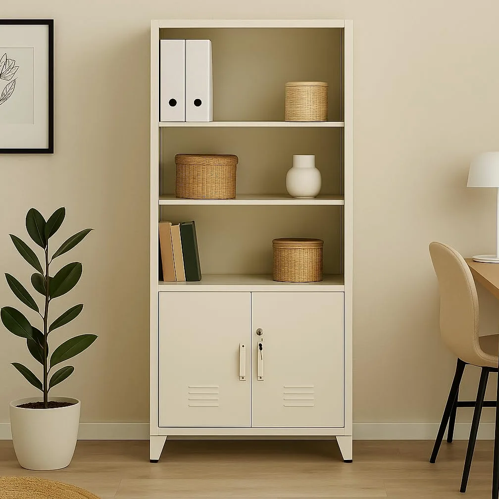 WeHome - Armadio Da Ufficio In Metallo 85x45x190 Cm Con Serratura, Mobile Ufficio Metallo Con 2 Ante E Mensole, Libreria Metallica Archivio Con 5 Ripiani Regolabili Per Ufficio O Archivio (Avorio)