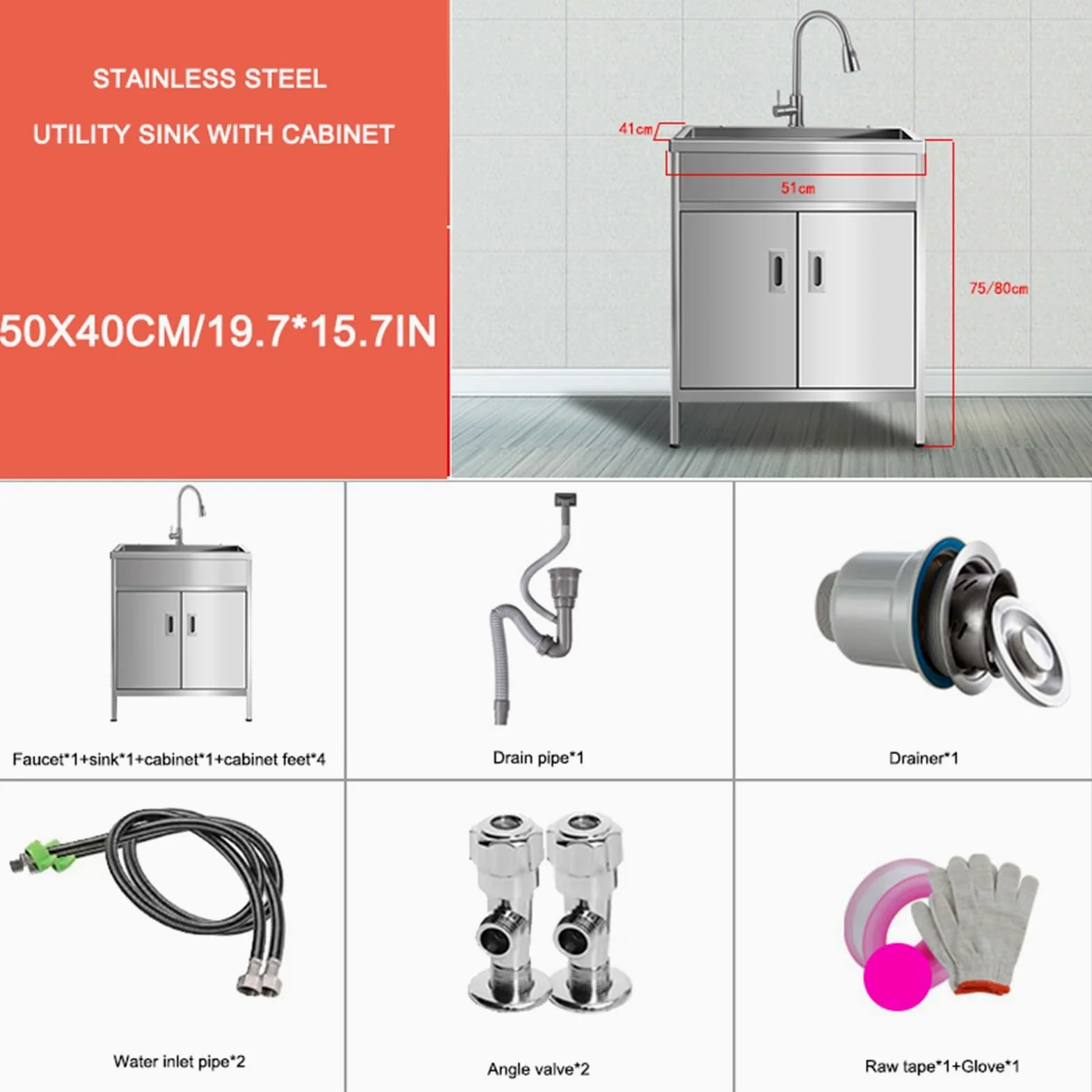 Lavandino Esterno Inox Professionale, Mobile Lavello da Cucina 1 Vasca, Lavandino per lavanderia con mobiletto e rubinetto estraibile, per garage, ristorante, cucina, lavanderia(50x40x80cm/19.7x15.7x3
