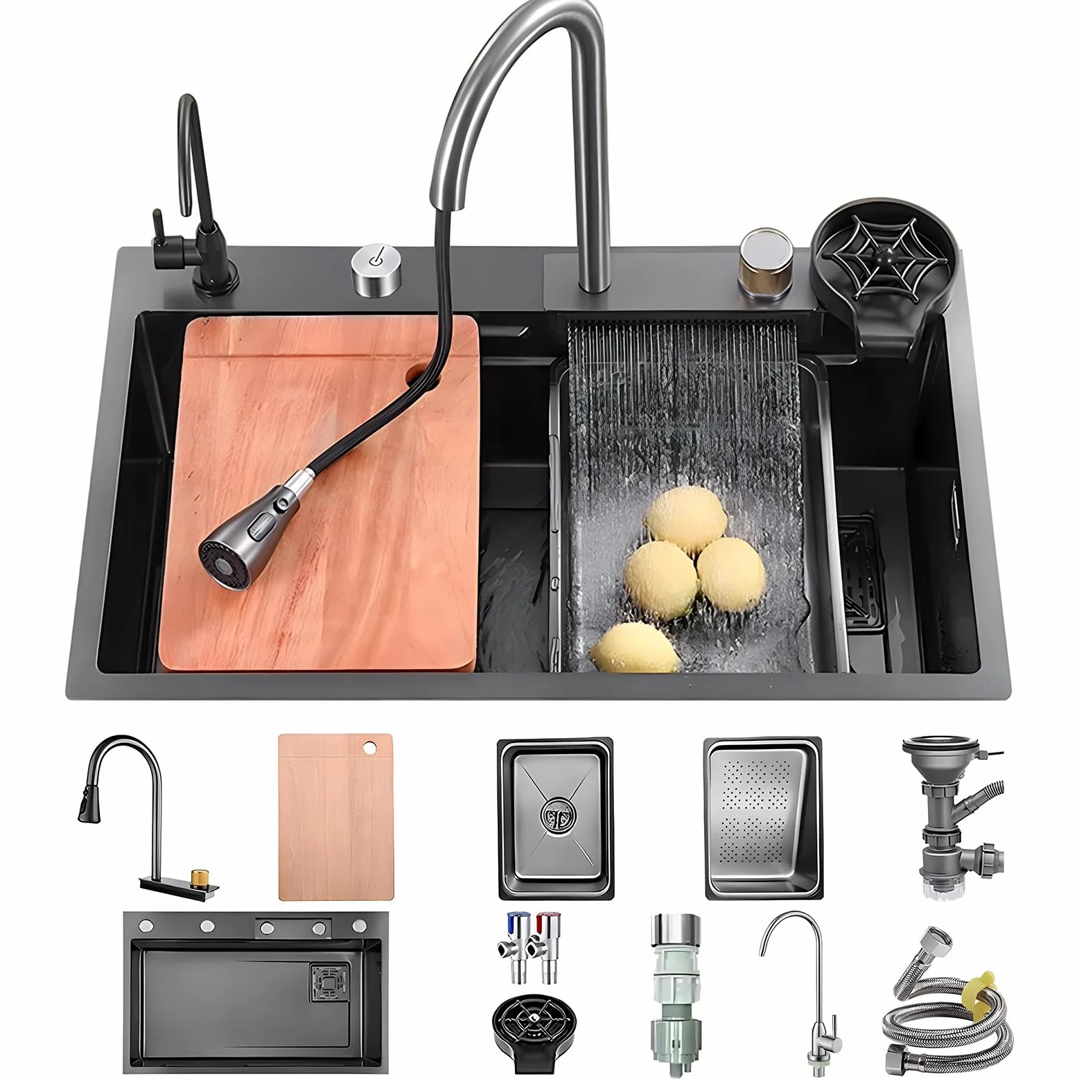 Lavandino da cucina con superficie di lavoro, 80 x 45 cm, dotato di rubinetto a cascata, in acciaio inox, per uso domestico, con idropulitrice, tagliere, scolapiatti e accessori