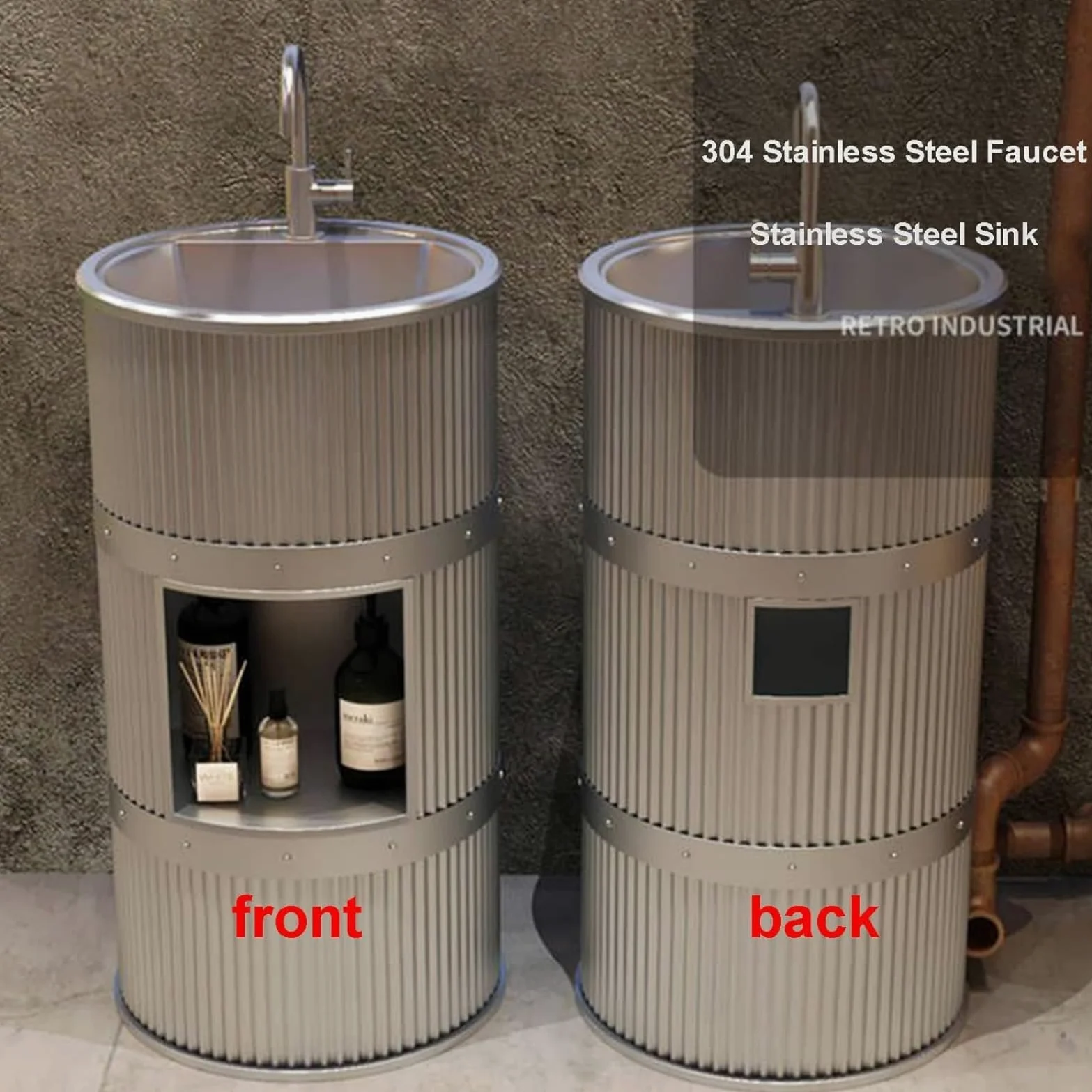 Lavandino a Colonna Moderno in Ferro Battuto, Mobile da Bagno con Lavabo in Acciaio Inox, Lavandino su Piedistallo Freestanding Set con Rubinetto e Scarico (con contenitore,Blu)