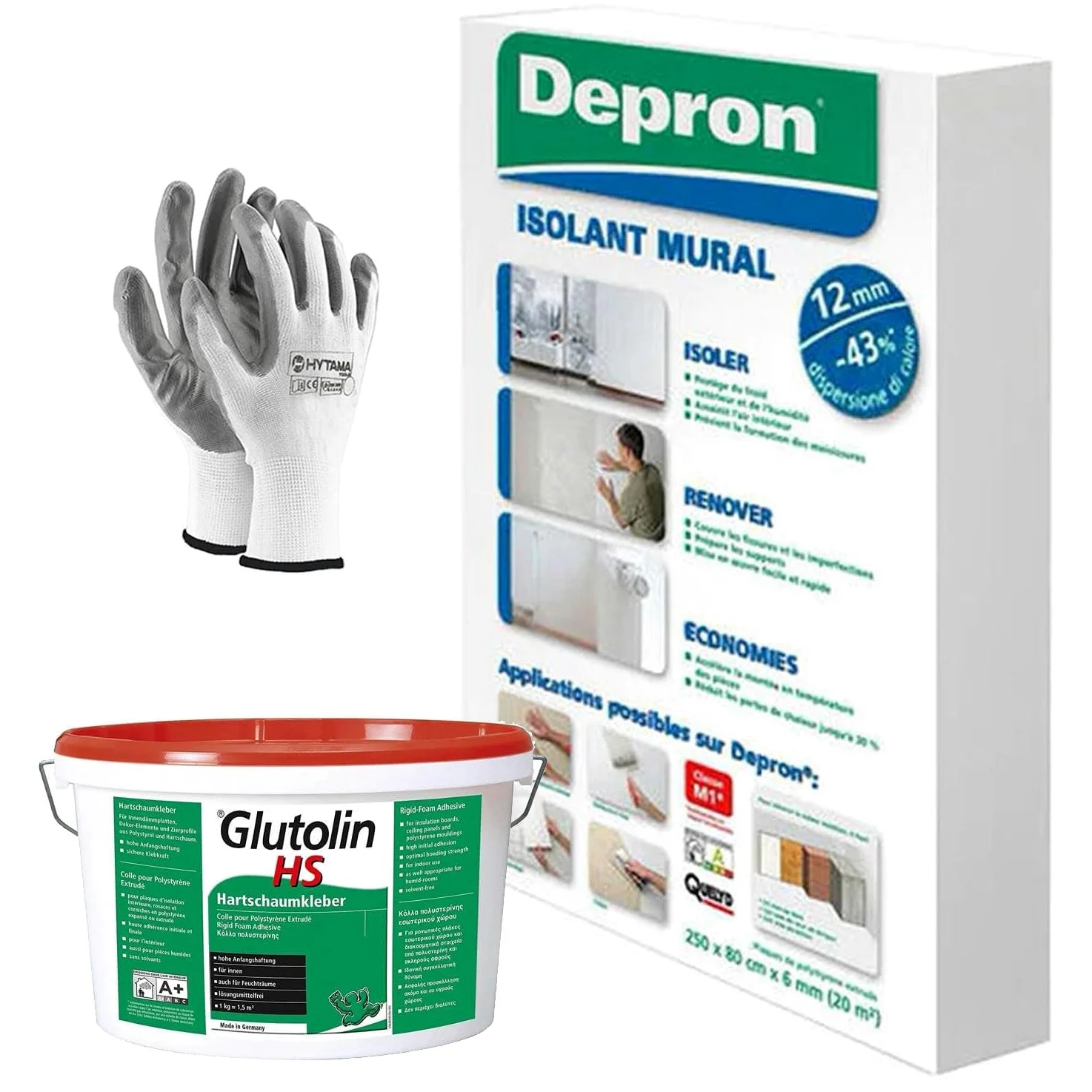 DEPRON Pannelli Isolanti 12 mm (125×80 cm) – Confezione 10 m² + Colla Glutolin 8 kg | Isolamento Termico e Acustico per Pareti e Soffitti | 1 paio di guanti in nitrile HYTAMA TOOLS