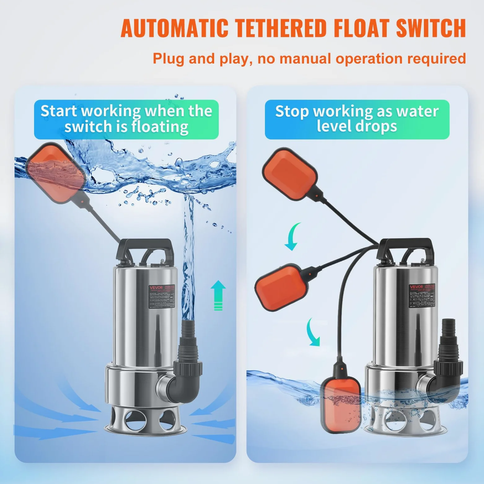 VEVOR Pompa Sommersa Elettrica da Drenaggio per Acque Sporche 1300W da Giardino Laghi Pozzo, Elettropompa a Immersione per Drenaggio di Acque Sporche Nere Scure 10A 1300W per Piscina Giardino Pozzetto