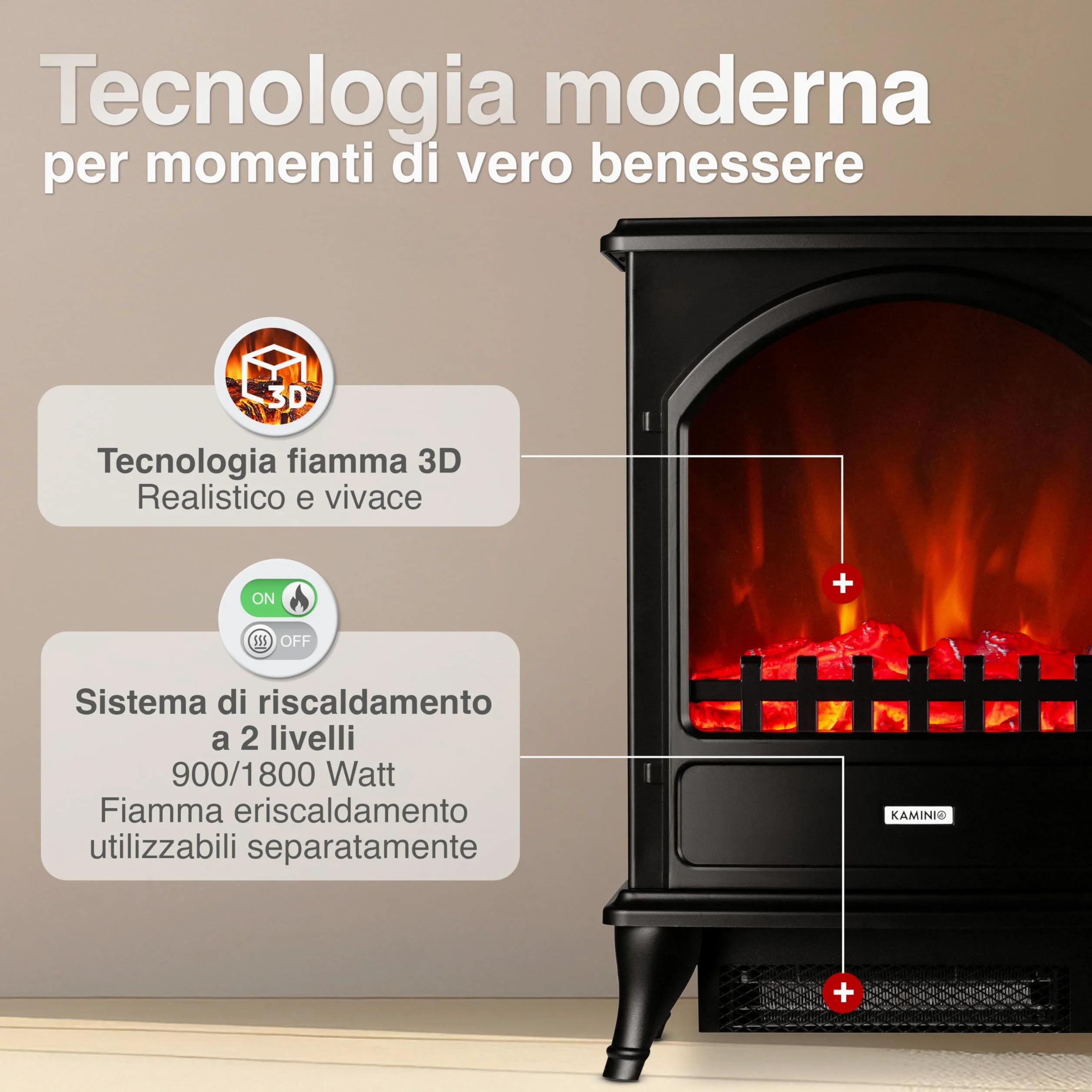 KAMINIO Camino elettrico Leni - Stufa elettrica con riscaldamento, effetto fiamma 3D (Nero)