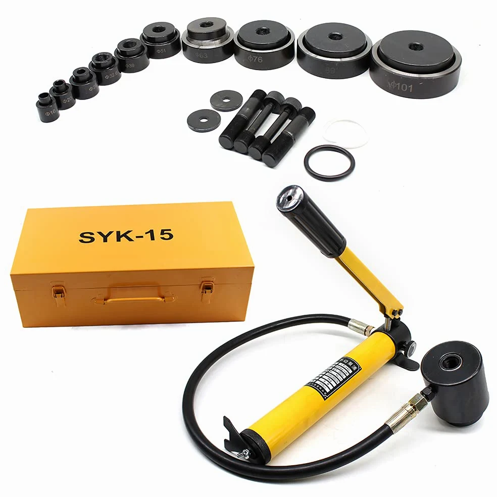 Kit di Macchinari per Punzonatura Idraulica, Punzonatrice idraulica, 15T, 10 Fori, 101 Millimeters, Alluminio, Acciaio, Plastica, Giallo, Lega di acciaio e plastica