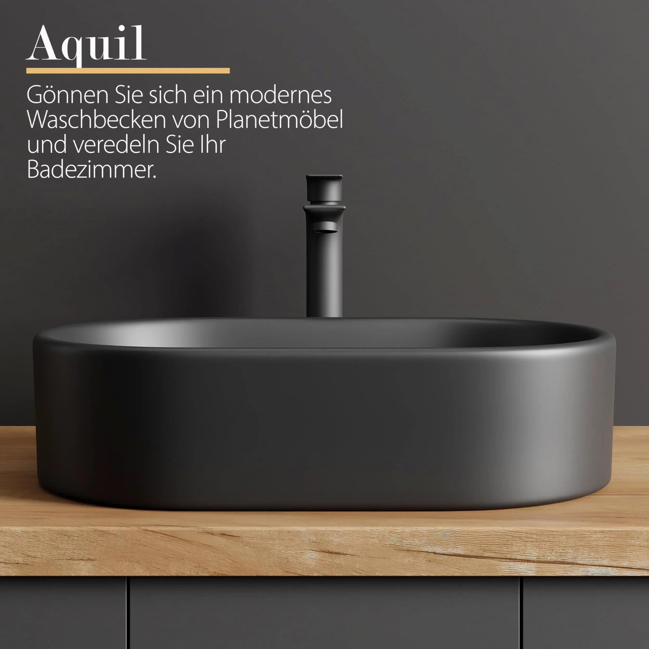 Planetmöbel Aquil Elegante lavabo ovale | Lavabo da appoggio per bagno e WC degli ospiti | Lavabo a mano senza foro per rubinetto e troppopieno, nero, 55 x 34 x 14 cm