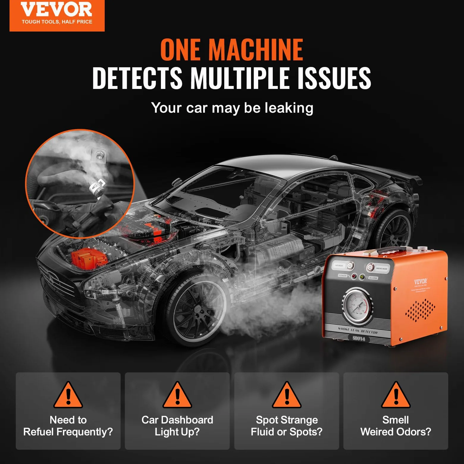 VEVOR Macchina rilevatore perdite di Fumo per Auto, Rilevatore di perdite di Fumo 8L/min, modalità Aria e modalità Fumo, Rilevatore di perdite con manometro Pompe ad Aria, Tester diagnostico Auto